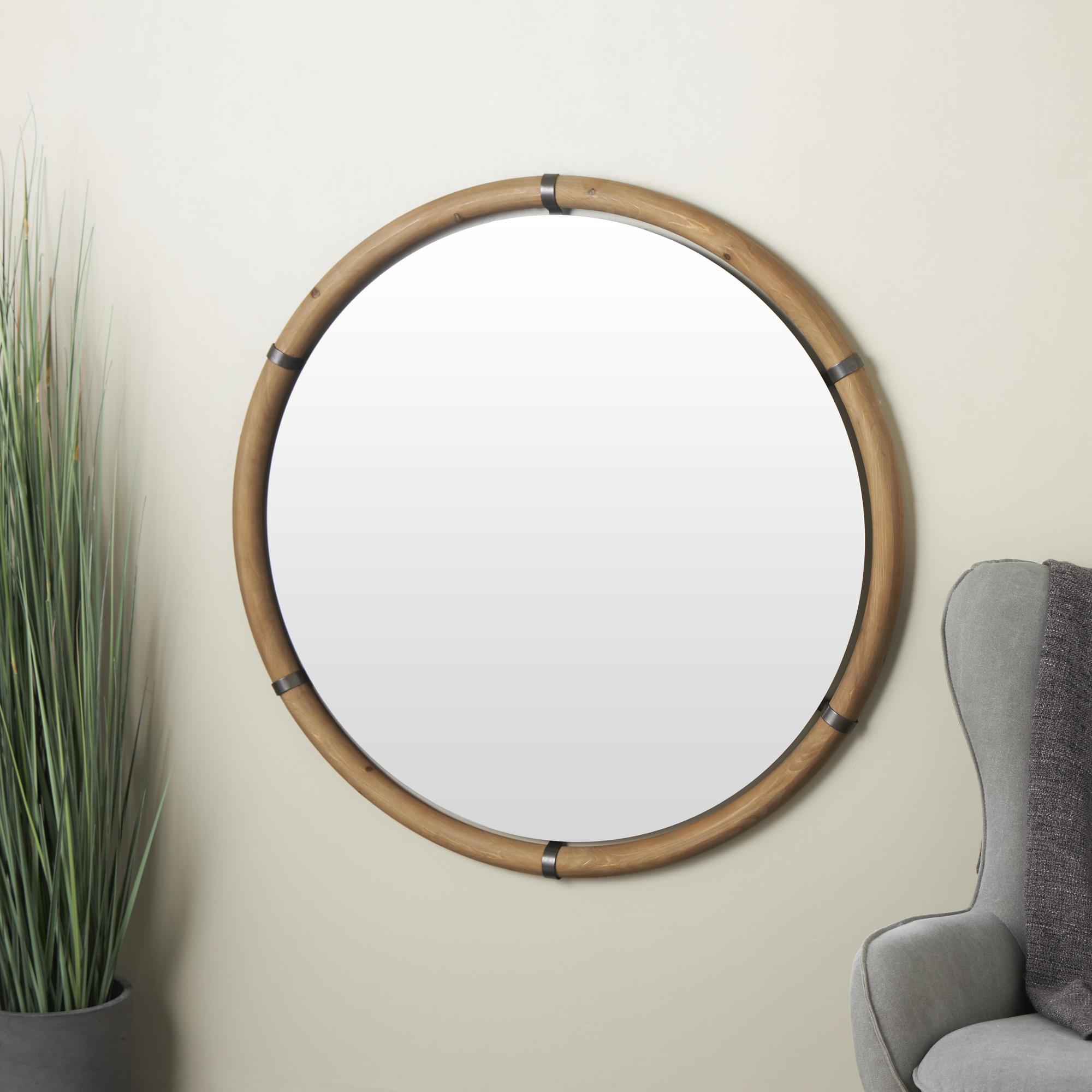Brown Wood Round Room Wall Mirror with Brass Metal Support
