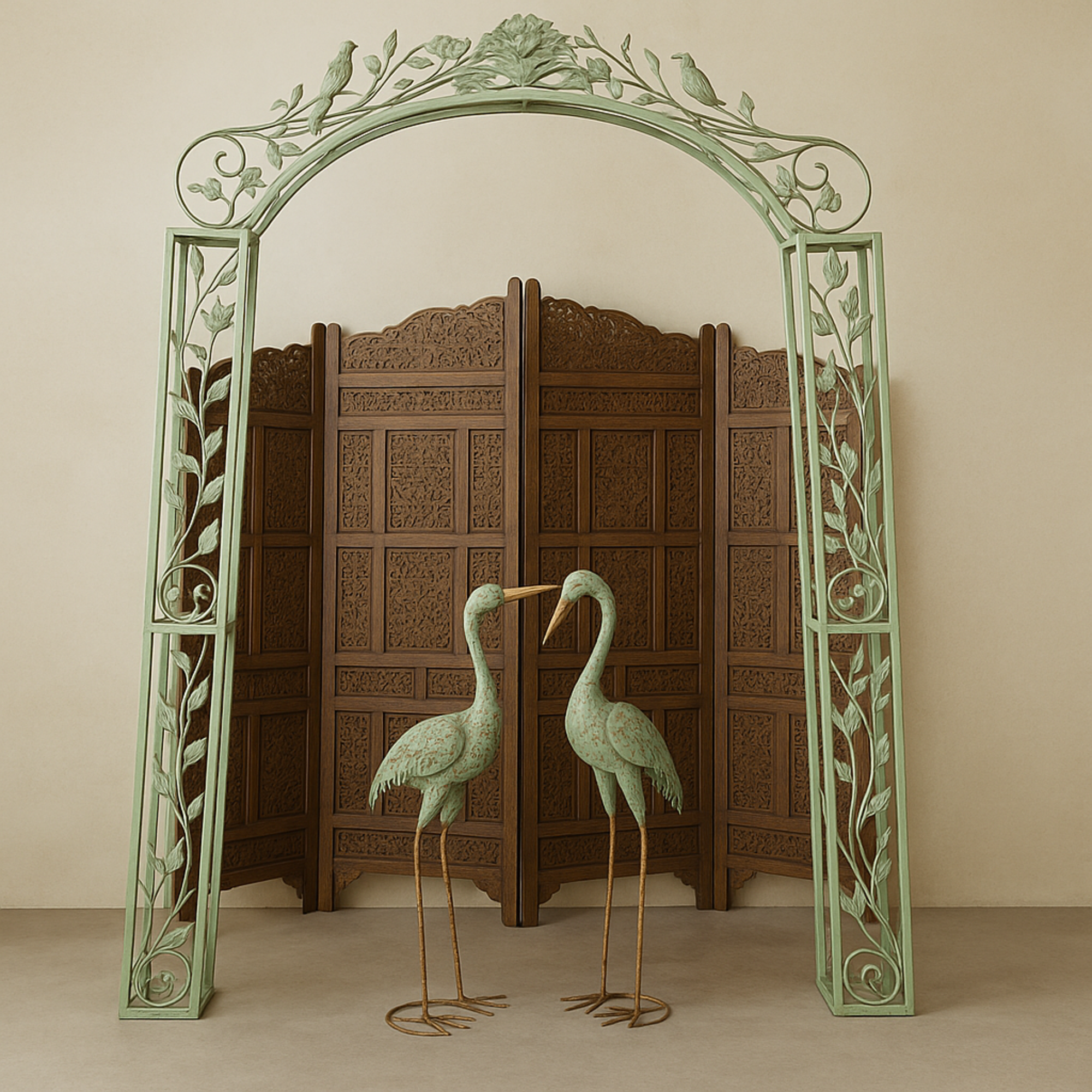Bird Green Metal Indoor Outdoor Arched Indoor Outdoor Garden Arbor with Scrolled Vines