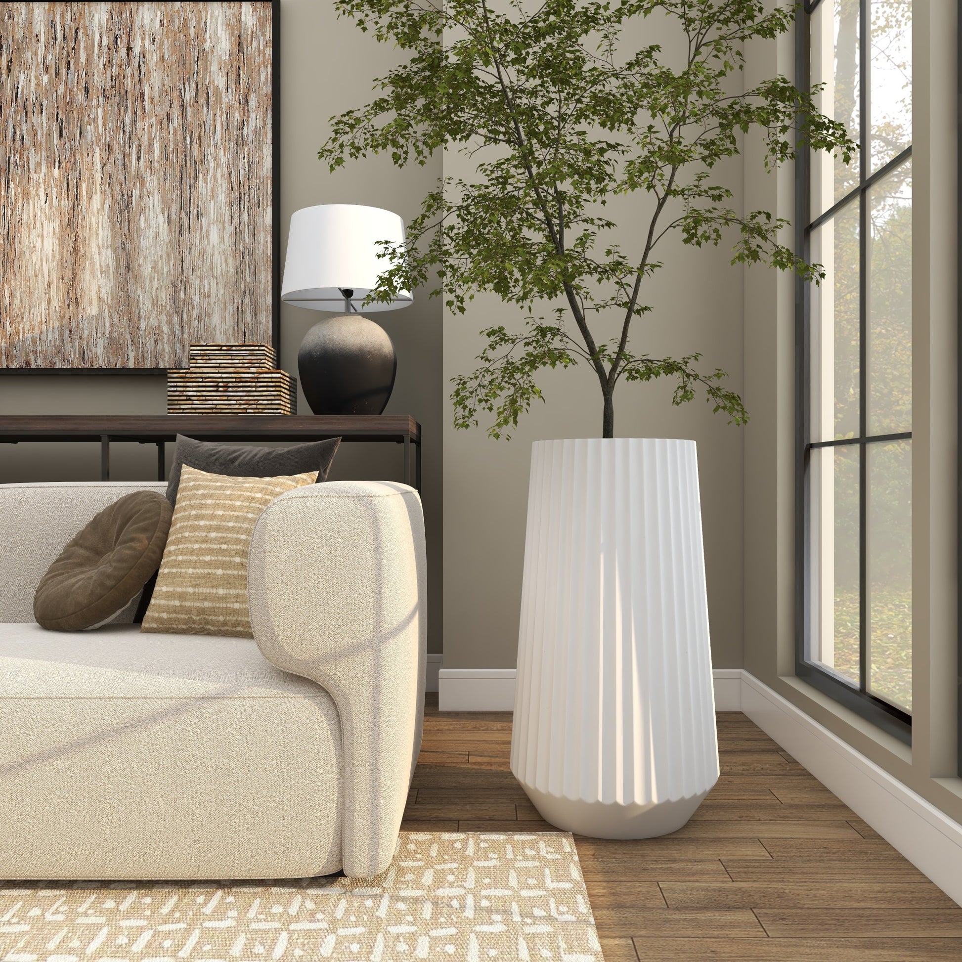 White Resin Large Ribbed Floor Decorative Vase