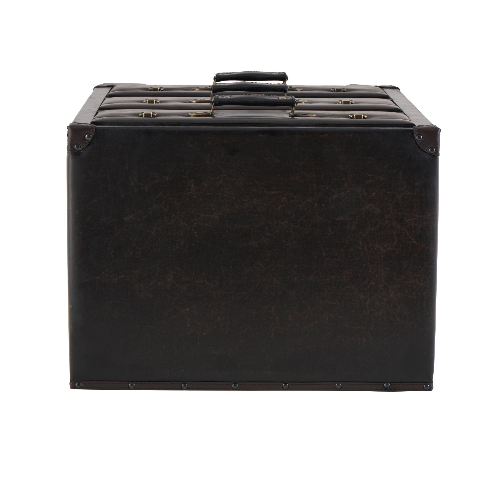Dark Brown Faux Leather Vintage Faux Leather 3 Drawer Room Chest with Gold Buckle and Strap Accents