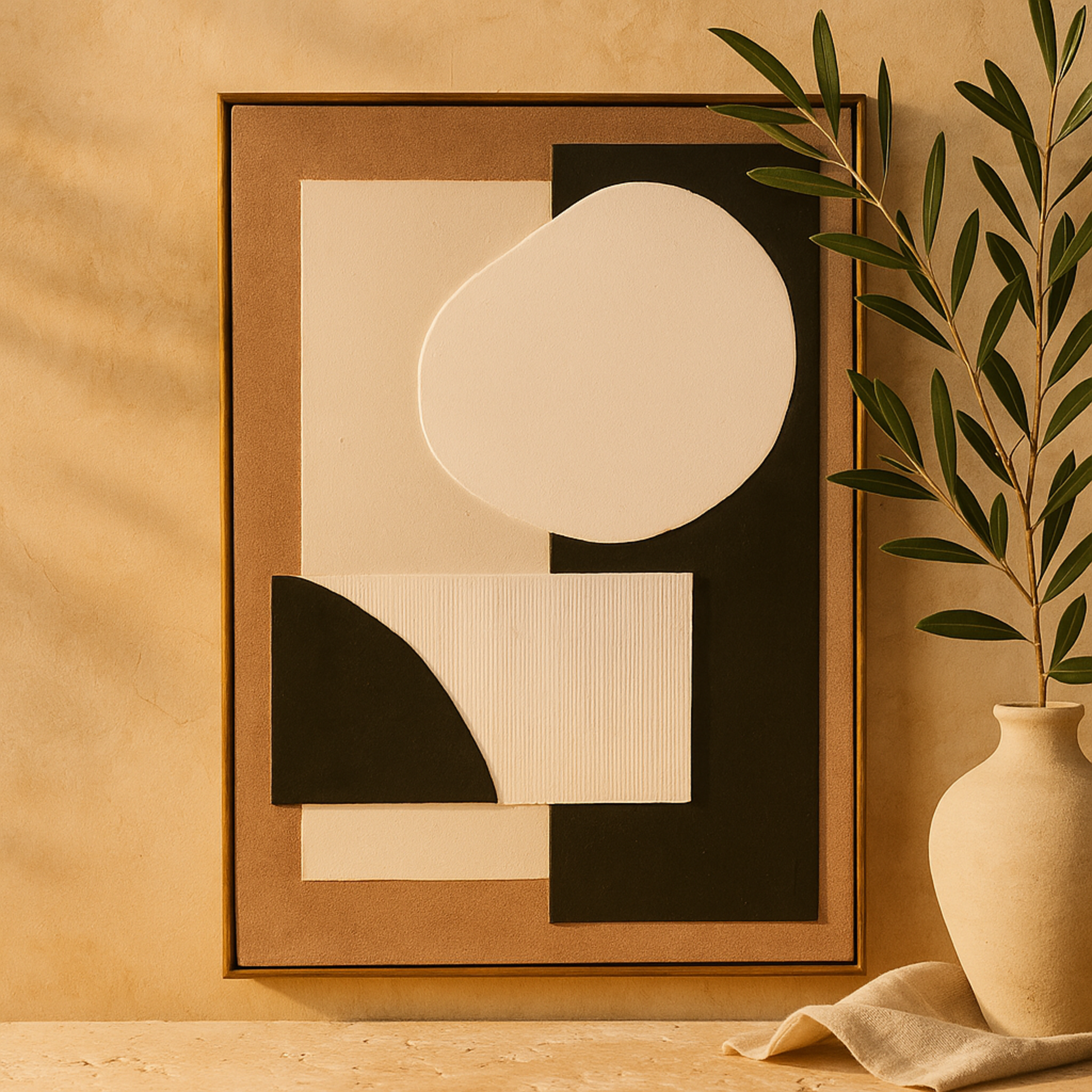 Geometric Brown Wood Textured Living Room Framed Wall Art with Abstract Black and White Shapes and Fabric Backing