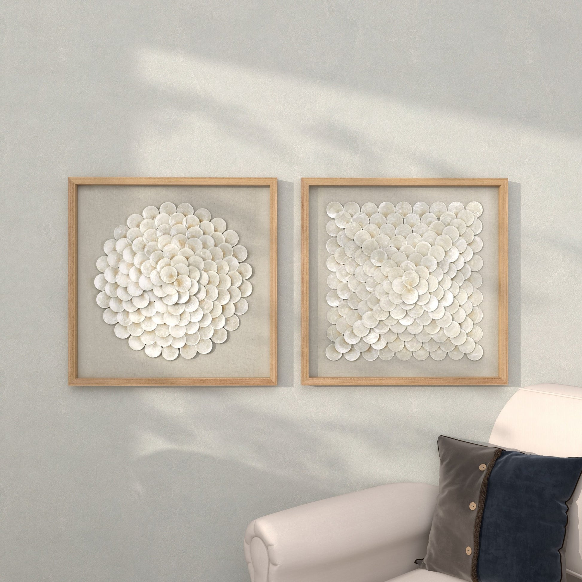 Set of 2 Geometric Cream Shell Handmade Overlapping Shells Home Shadow Box with Canvas Backing