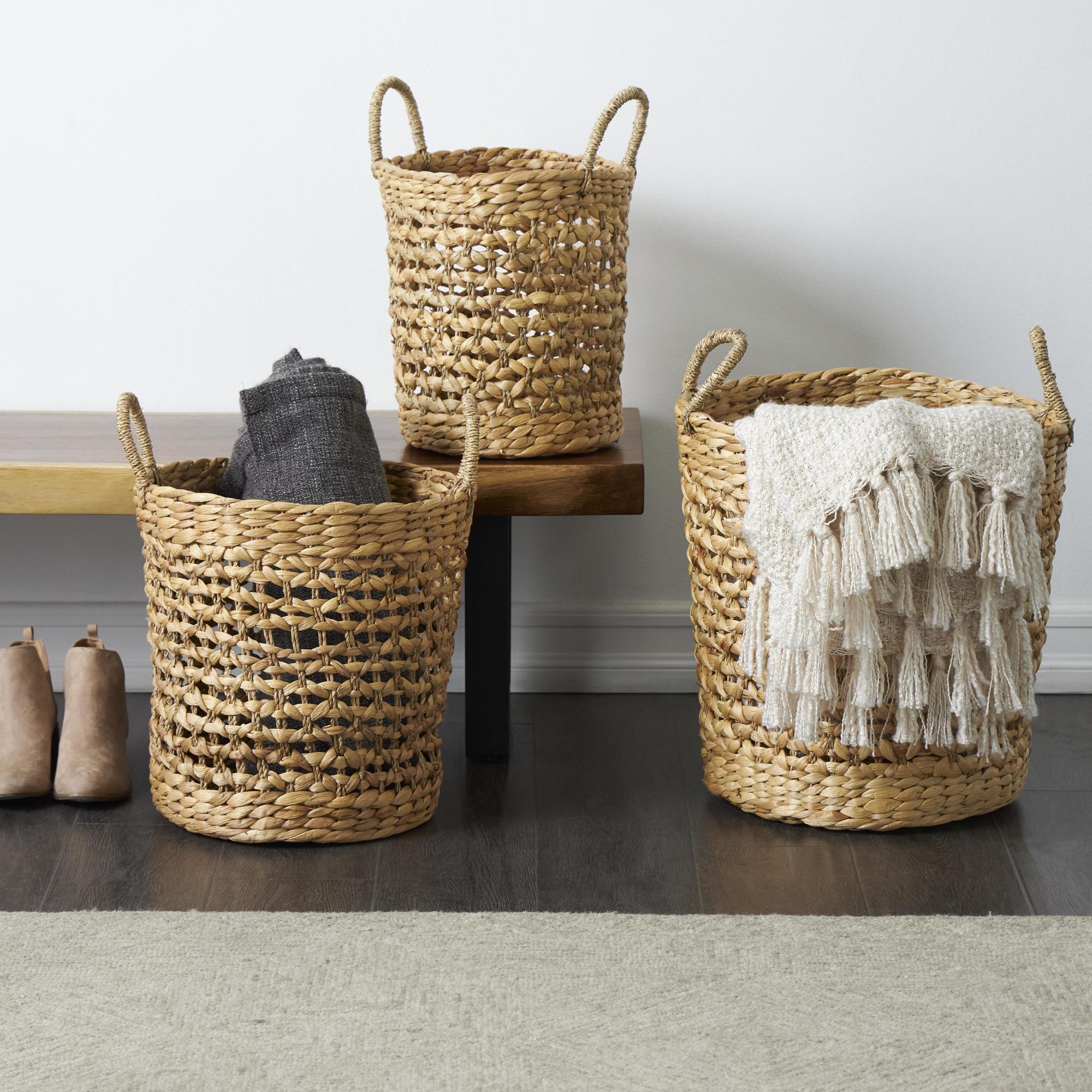 Set of 3 Light Brown Seagrass Handmade Woven Decorative and Functional Storage Basket with Handles