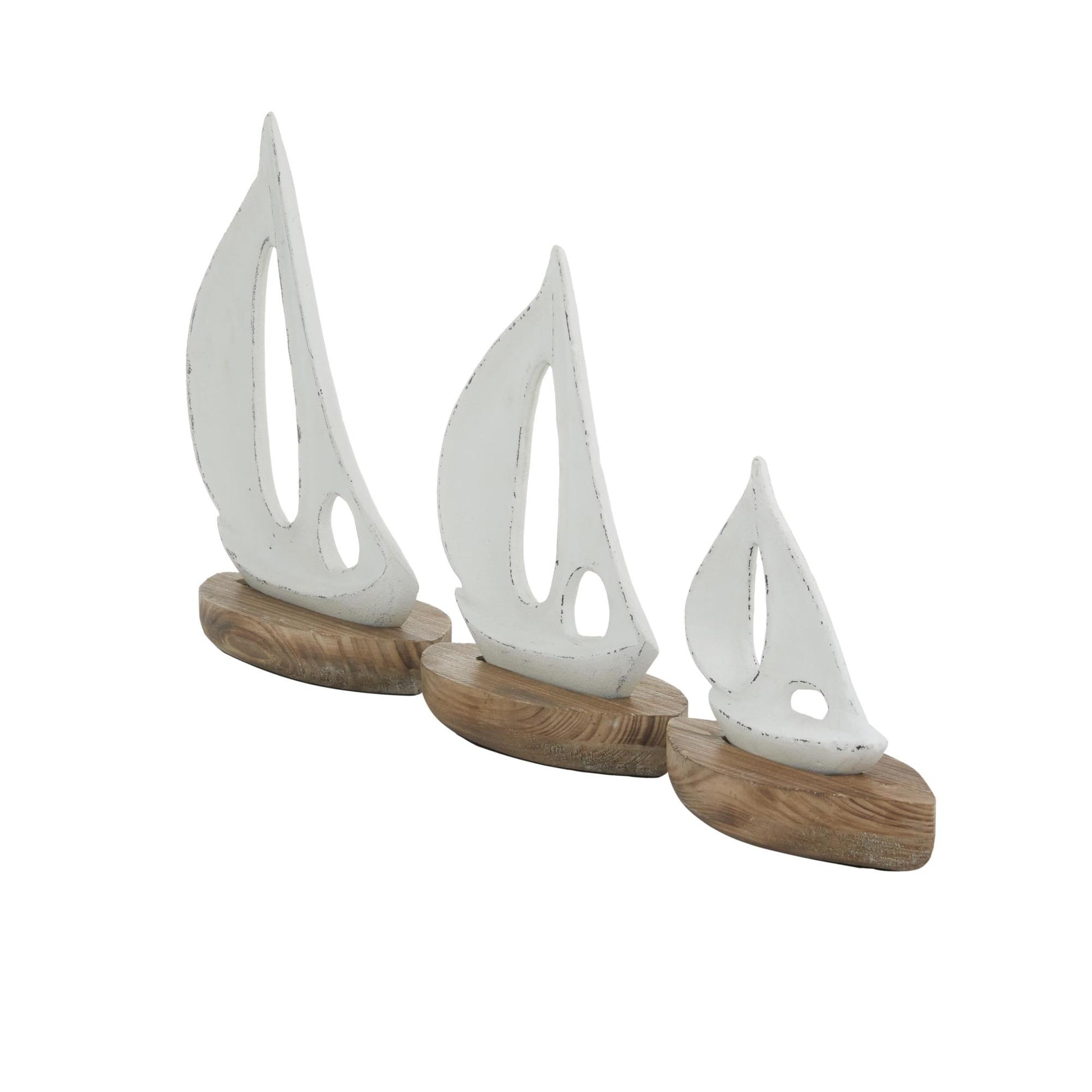 Set of 3 Sail Boat White Wood Decorative Sculpture with Wood Base