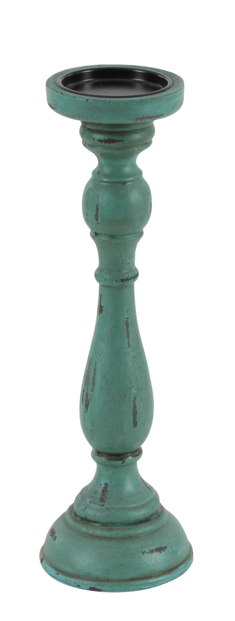 Set of 3 Teal Wooden Distressed Turned Decorative Candle Holder