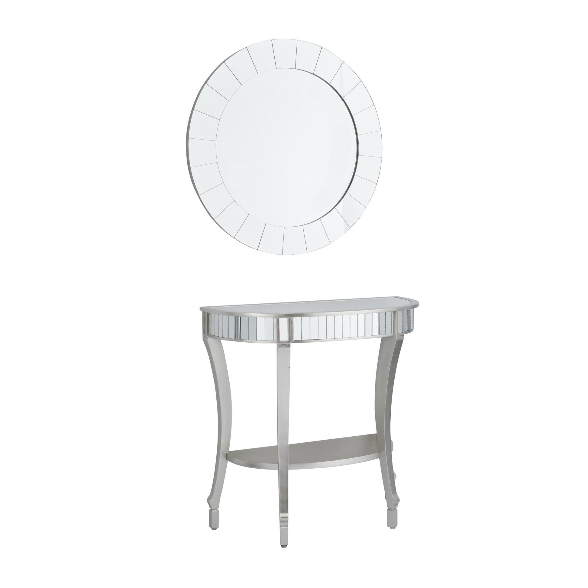 Set of 2 Silver Wood Mirrored Panel Half Moon Living Room Console Table with Mirror