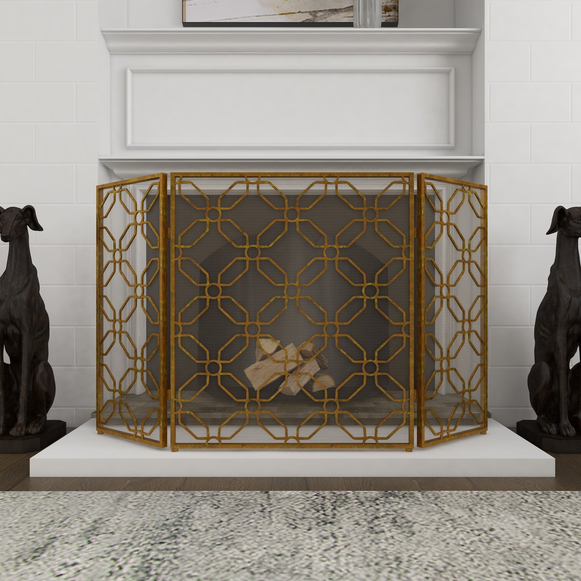 Geometric Gold Metal Foldable Mesh Netting 3 Panel Living Room Fireplace Screen