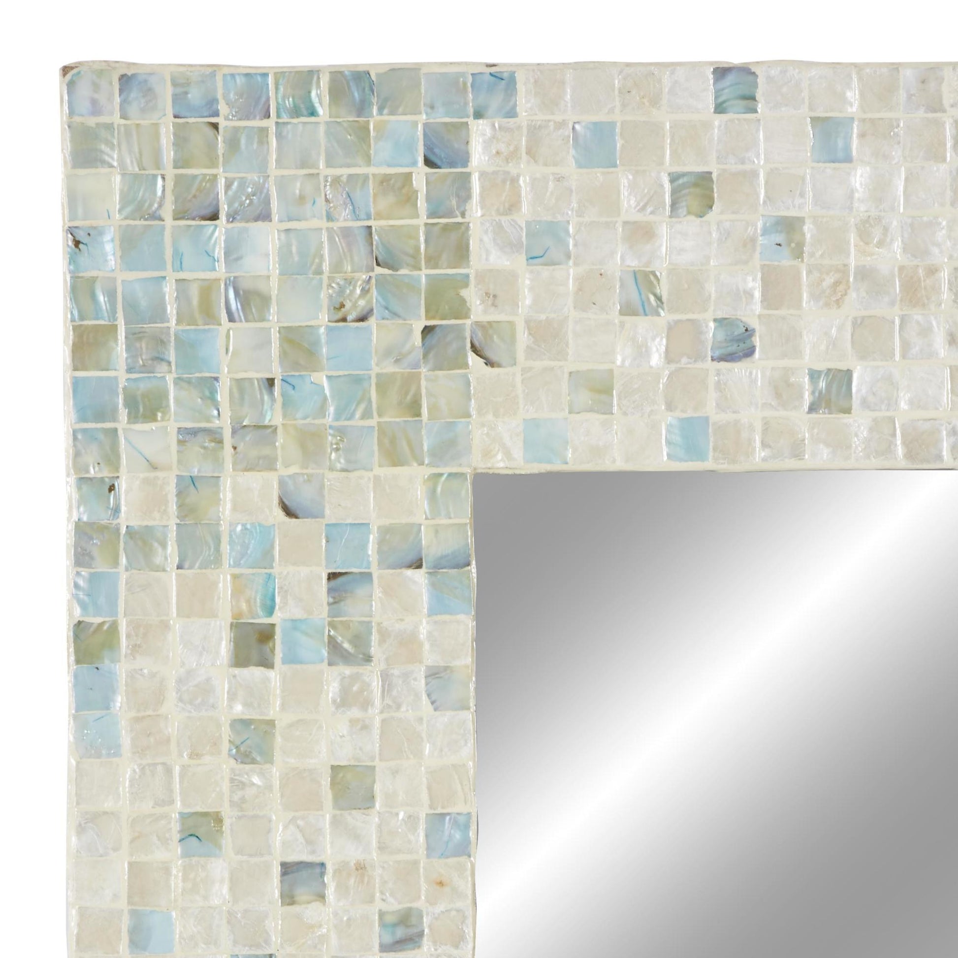 Cream Mother of Pearl Shell Handmade Mosaic Room Wall Mirror with Blue Corners
