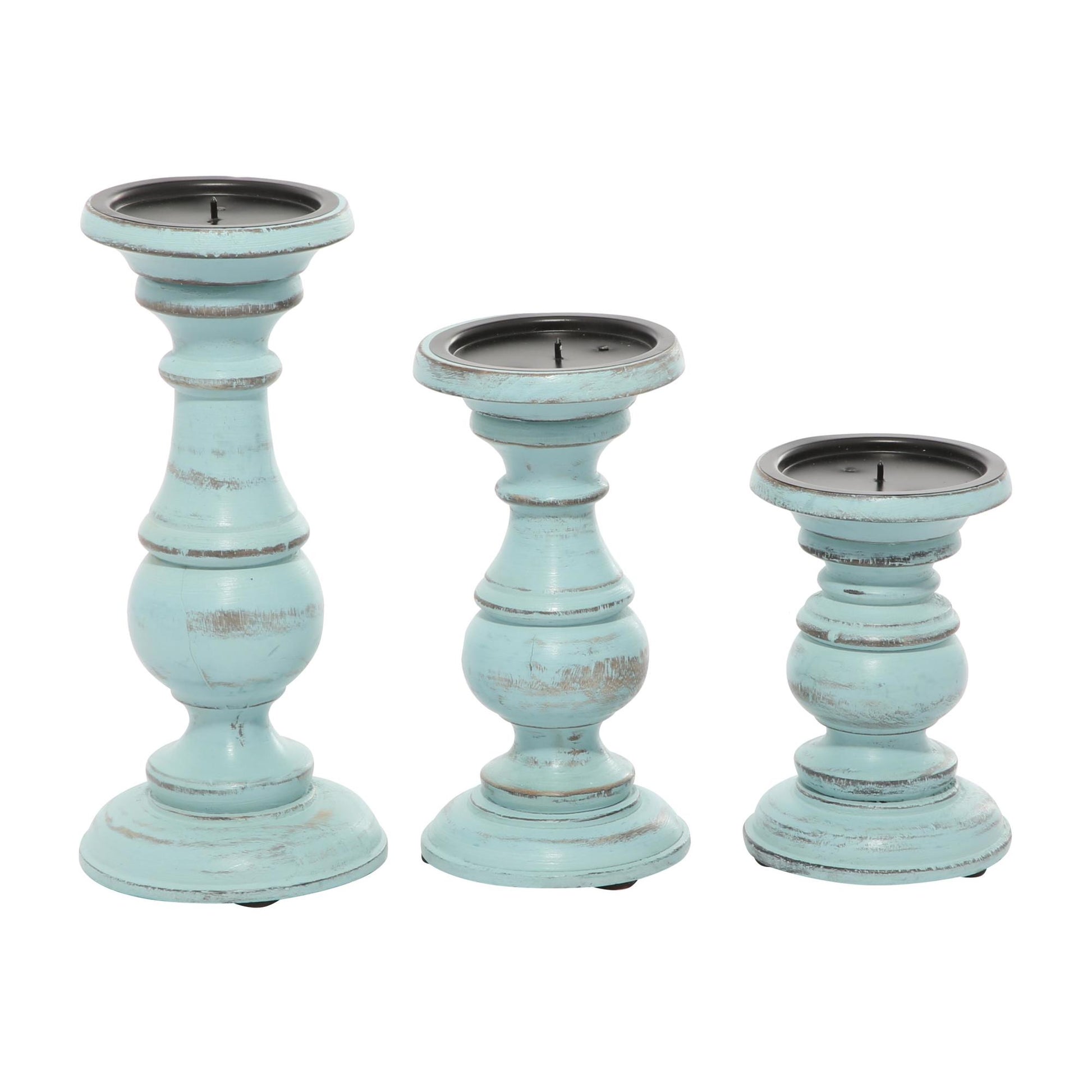 Set of 3 Mango Wood Distressed Turned Pillar Decorative Candle Holder