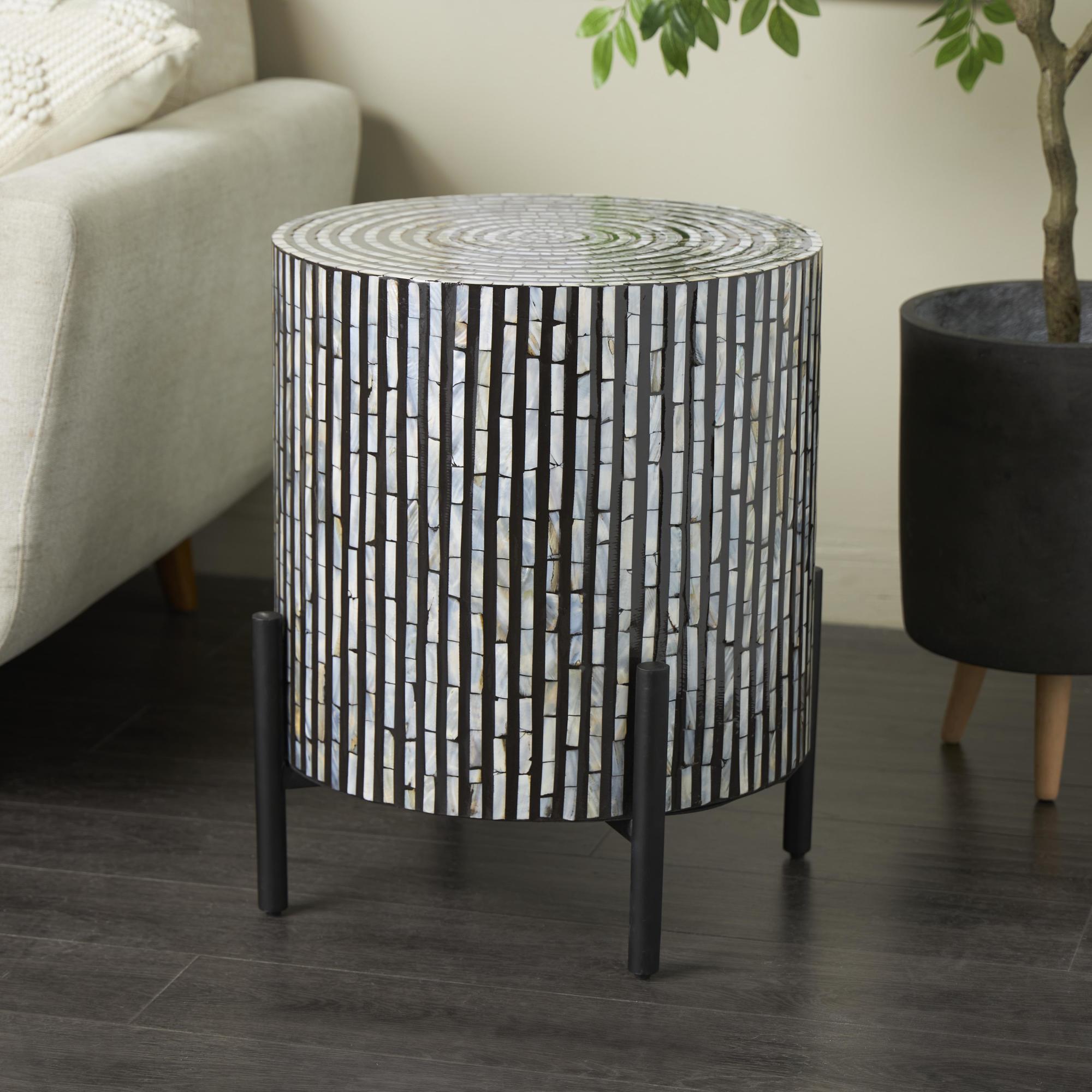 Geometric Mother of Pearl Shell Handmade Inlay Side End Accent Table with Black Legs 18" x 18" x 22"
