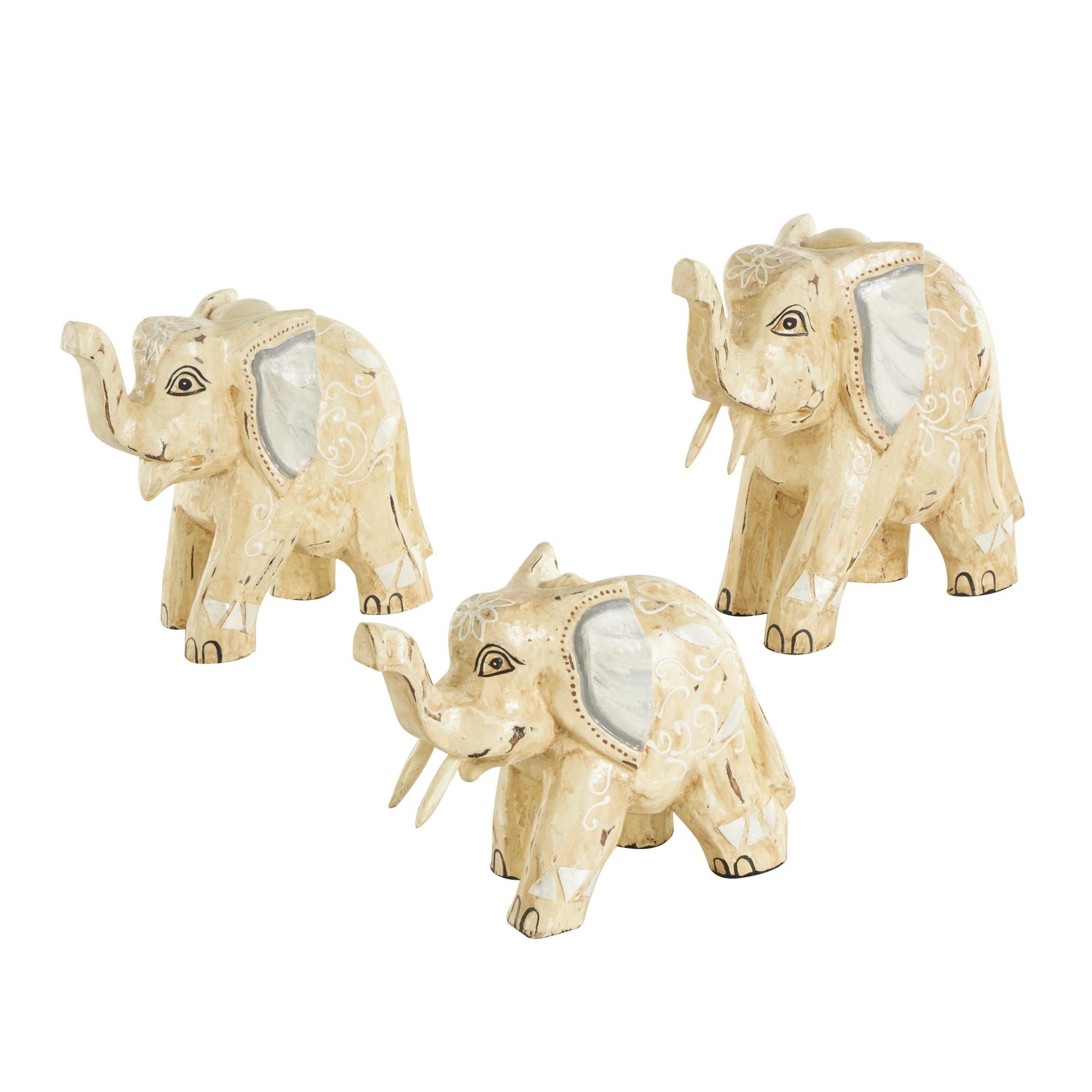 Set of 3 Elephant Light Brown Wood Handmade Decorative Sculpture with Scroll and Floral Patterns