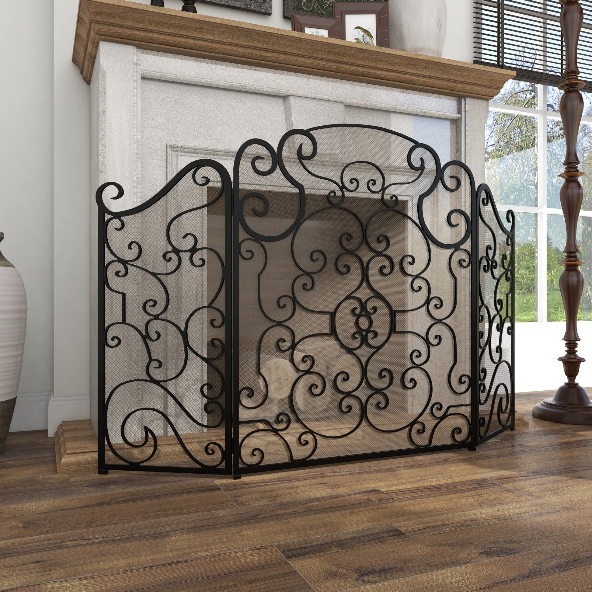 Scroll Black Metal Foldable Mesh Netting 3 Panel Living Room Fireplace Screen