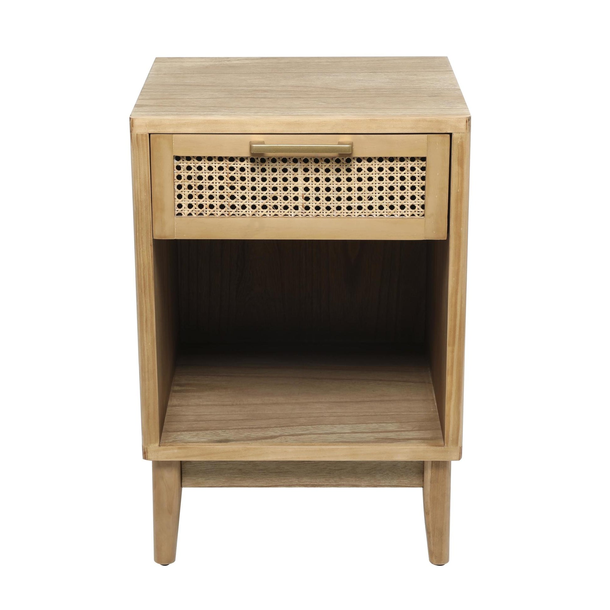 Wood 1 Drawer and 1 Cubby Shelf Side End Accent Table with Beige Rattan Drawer and Gold Handle