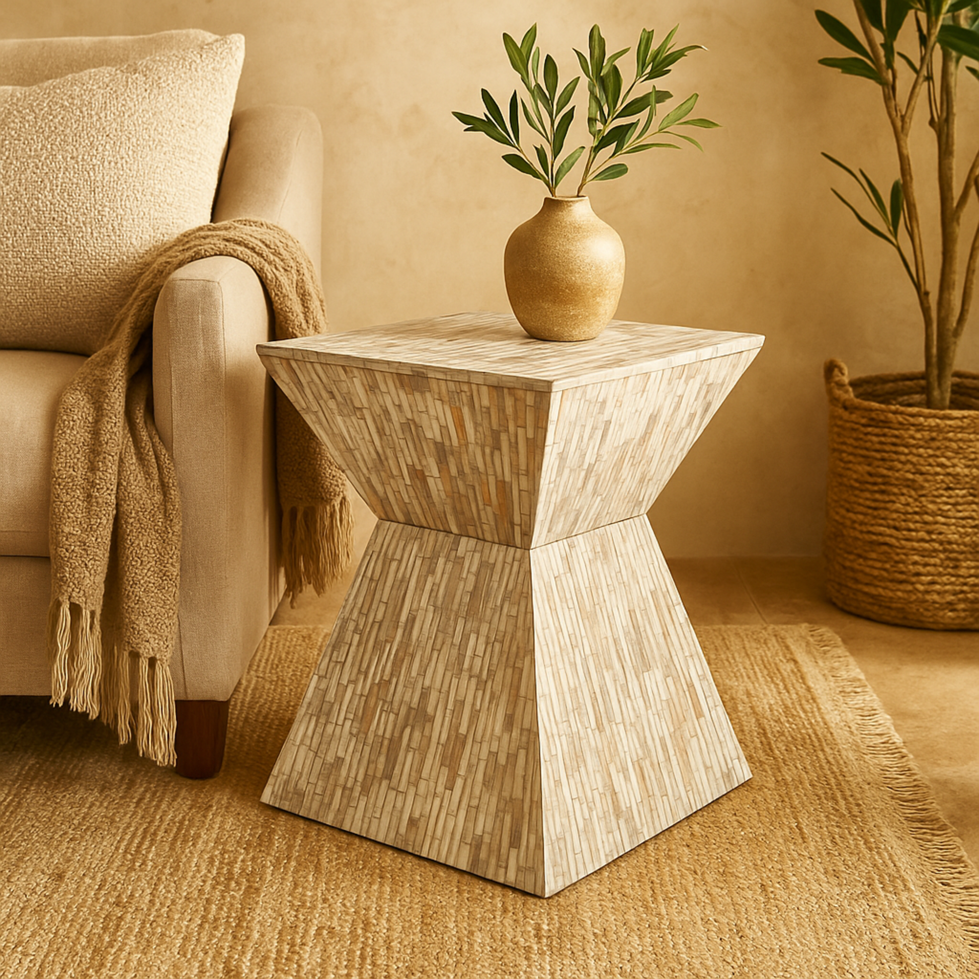 Gray Mother of Pearl Shell Handmade Hourglass Shaped Side End Accent Table