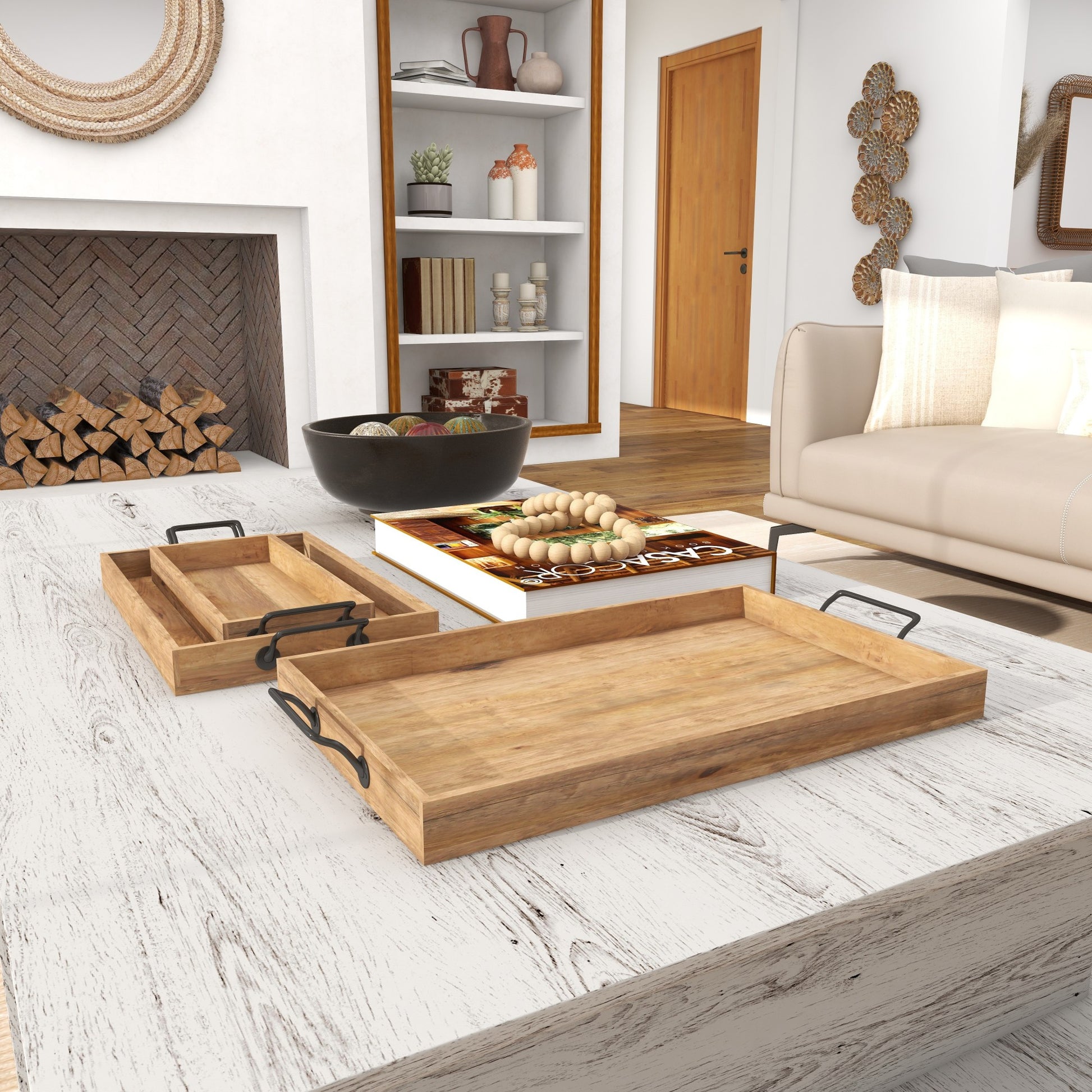 Set of 3 Brown Mango Wood Rectangular Living Room Decor Tray with Black Metal Handles