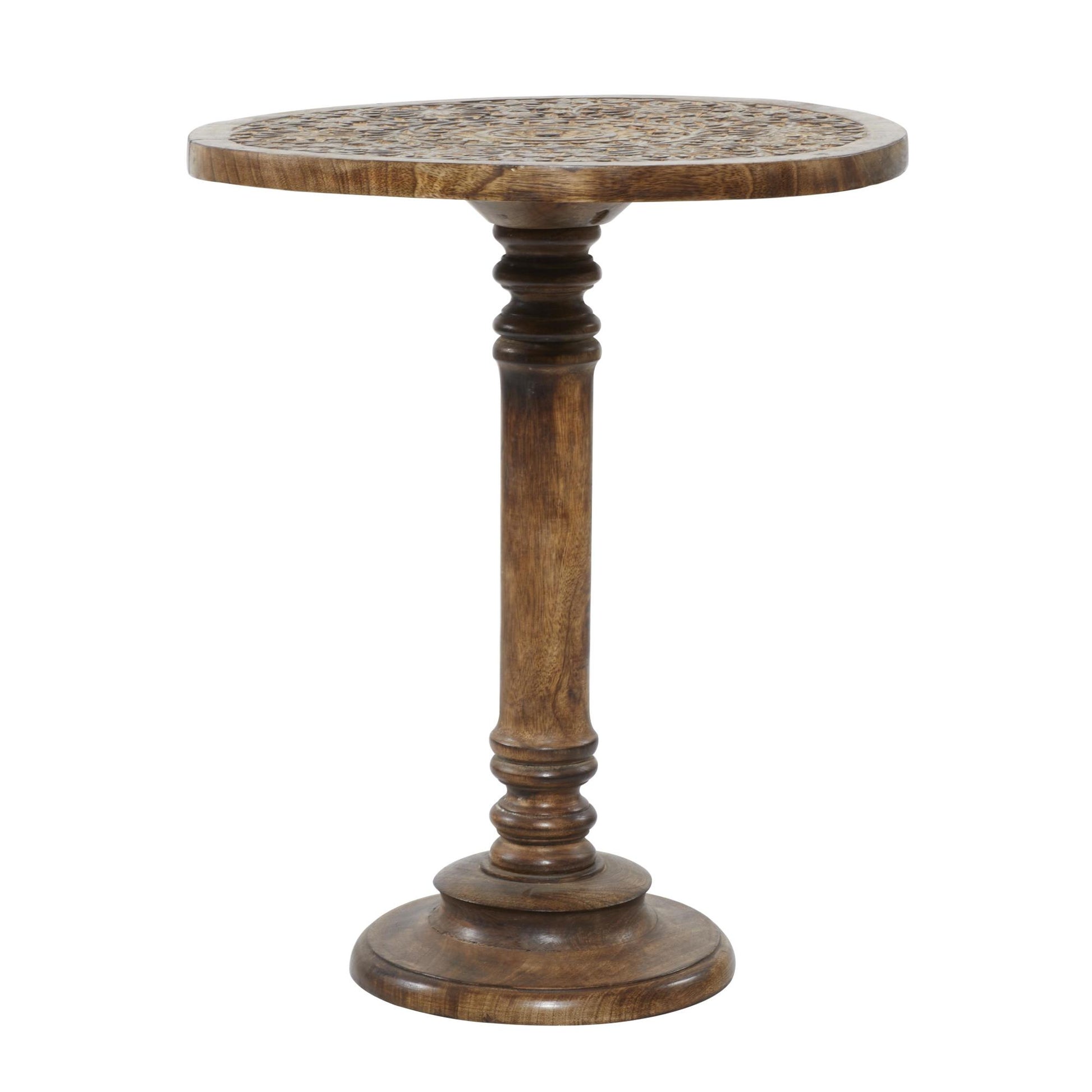 Elephant Mango Wood Handmade Intricately Carved Side End Accent Table with Turned Base