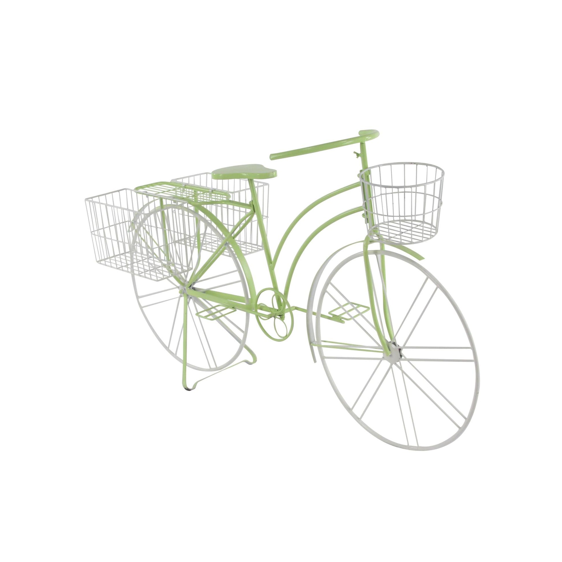 Bike Green Metal Indoor Outdoor Plantstand with Basket and Saddle Bag Planters