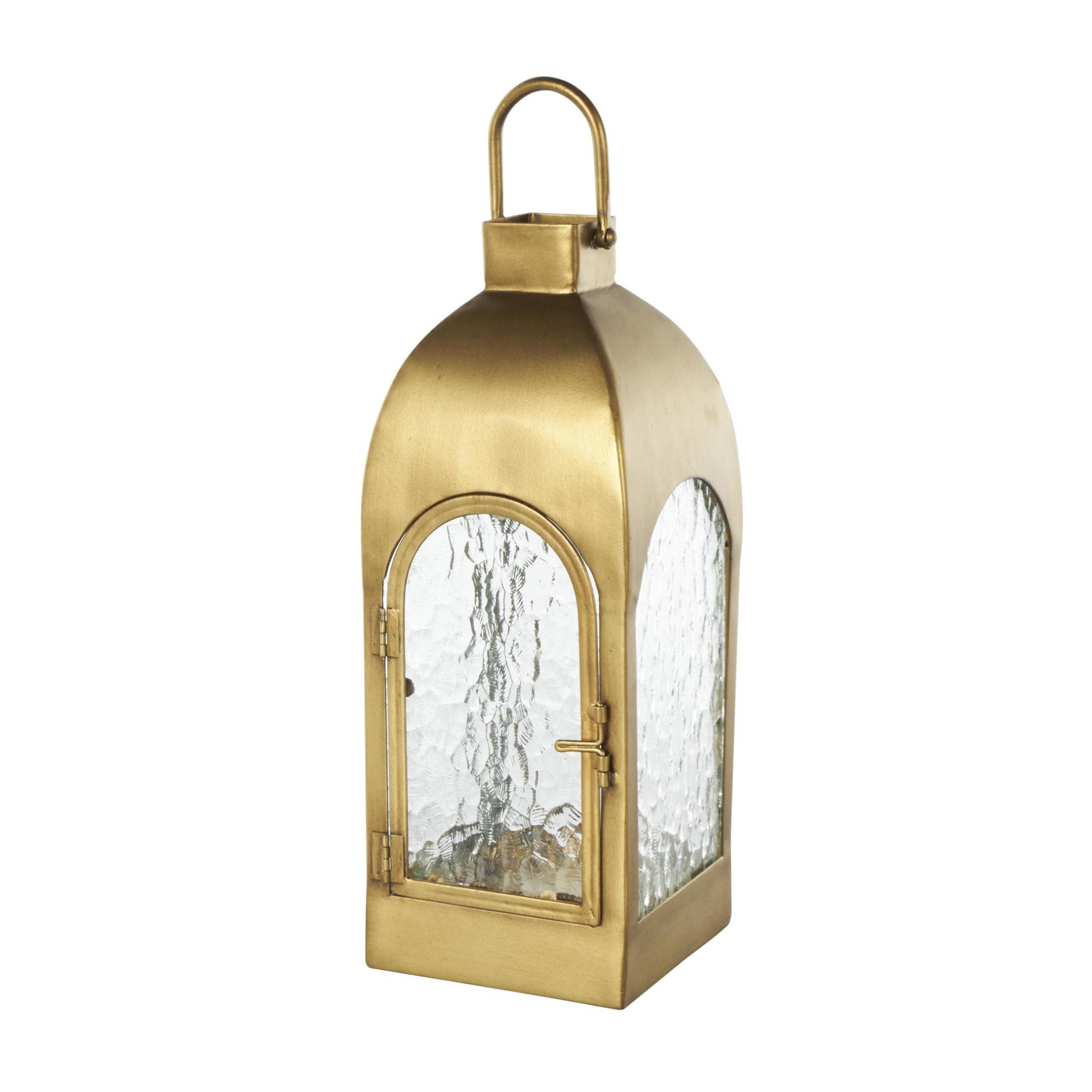 Gold Metal Arched Indoor Outdoor Candle Lantern with Top Handle