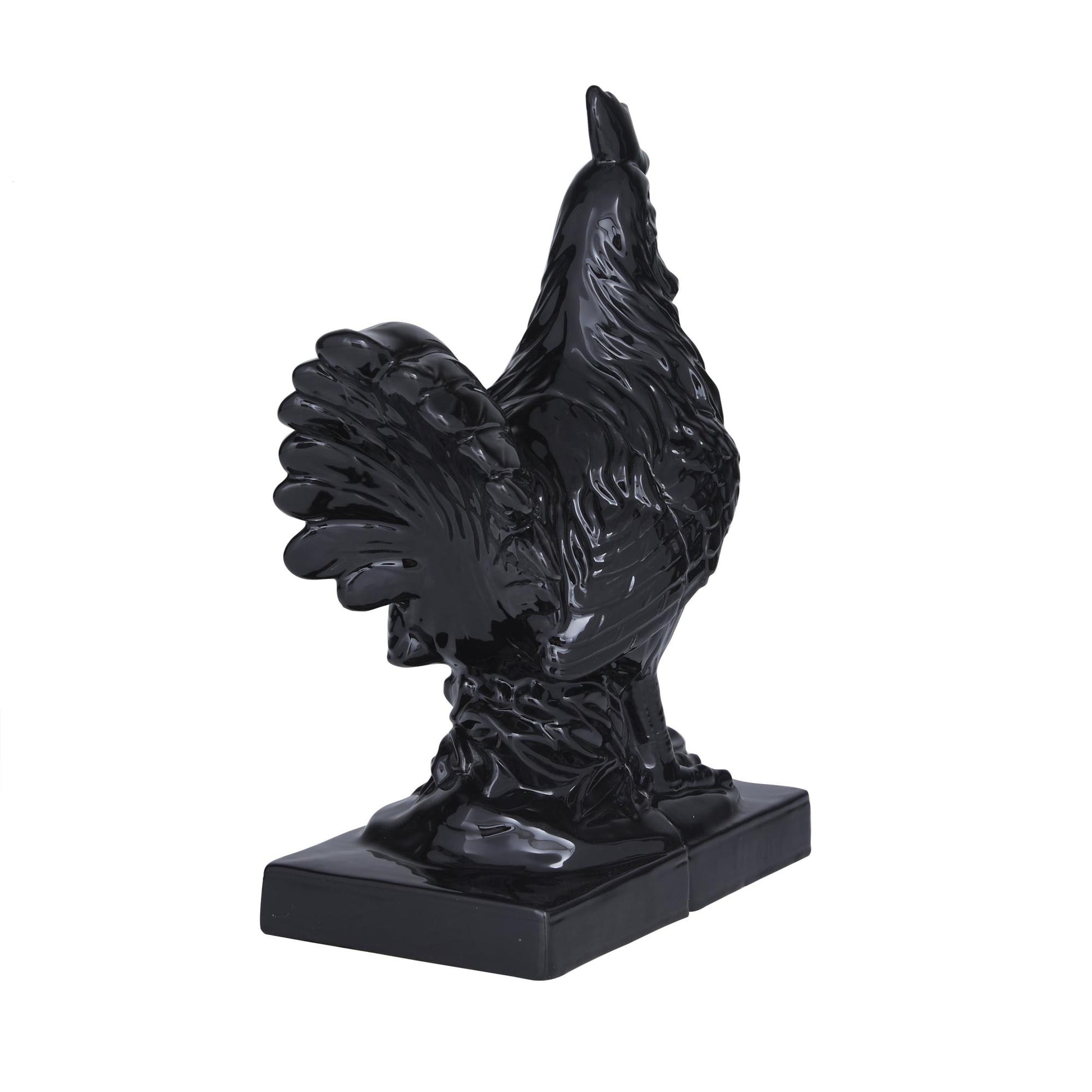 Set of 2 Rooster Black Ceramic Decorative Bookends with Enamel Exterior