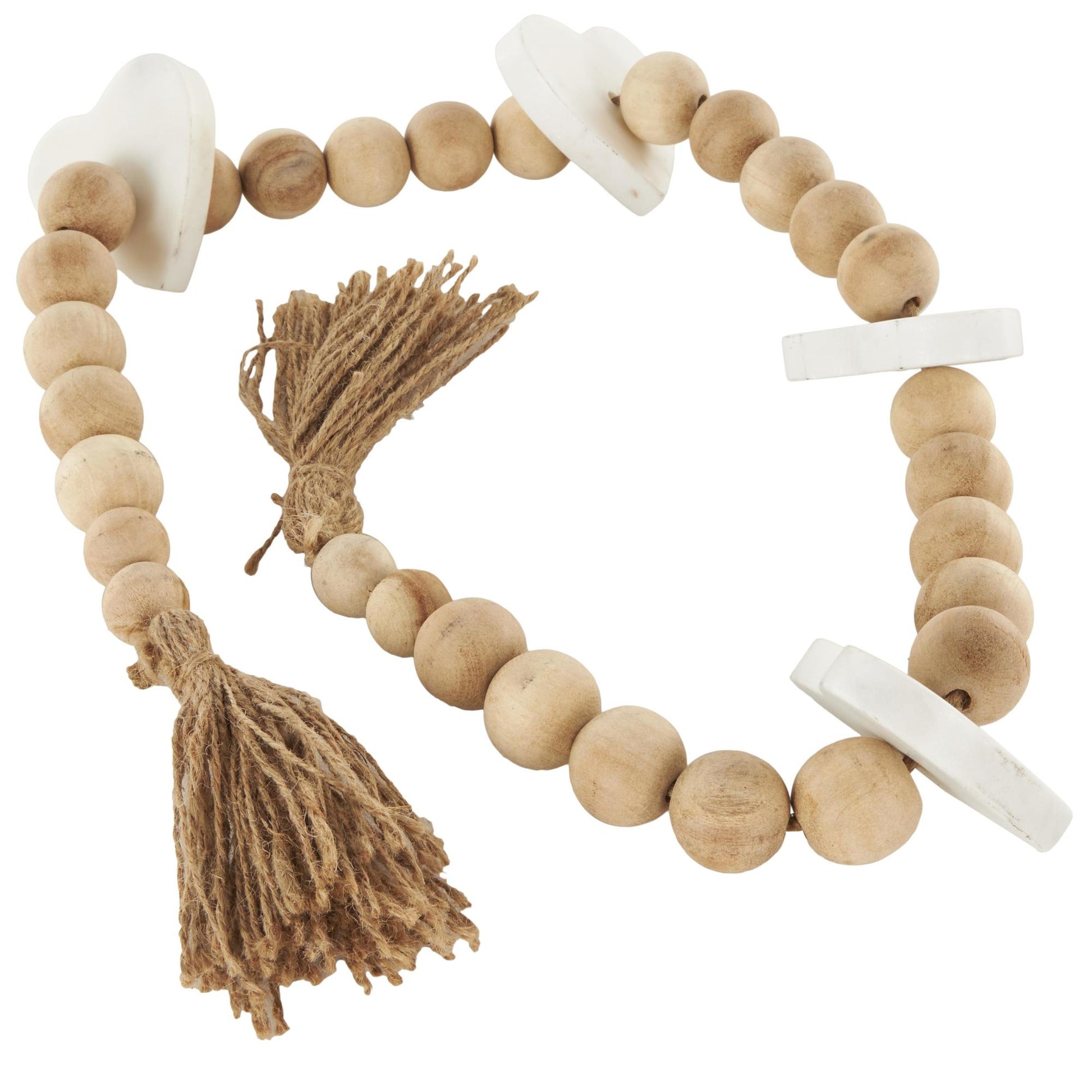 Heart Light Brown Marble Handmade Beaded Garland with Tassel with Knotted Brown Jute and White Accents