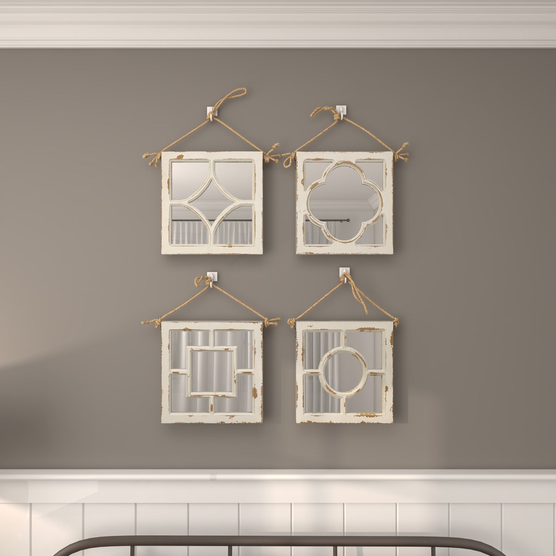 Set of 4 Geometric White Wood Distressed Small Square Room Wall Mirror with Jute Hanging Rope