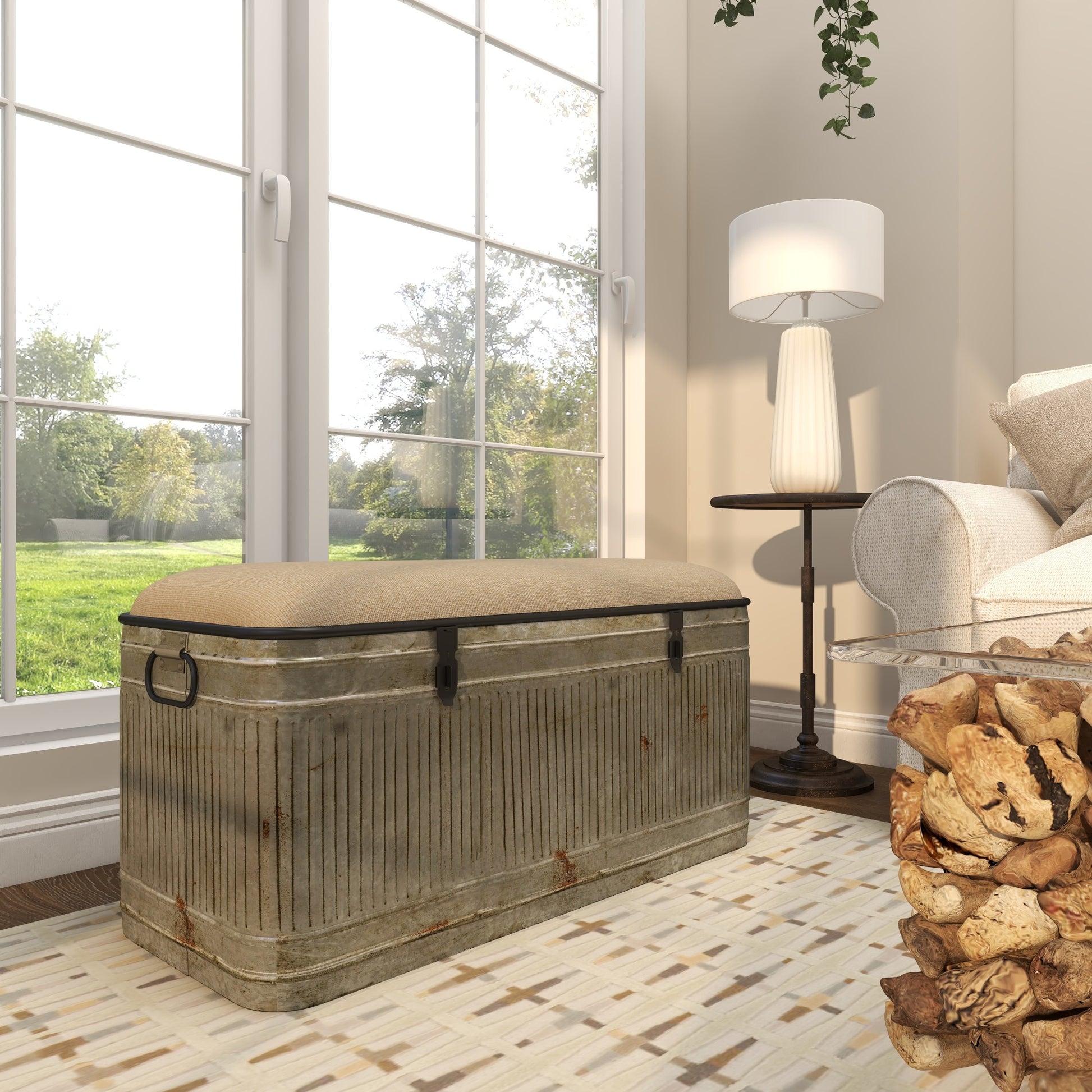 Gray Metal Galvanized Room Storage Bench with Cream Burlap Top and Black Latches