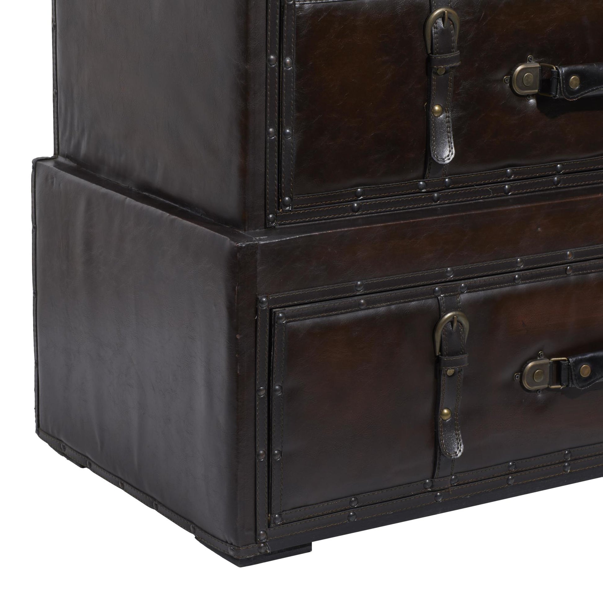Brown Wood Vintage Faux Leather Room Chest with Buckles and Straps Detailing