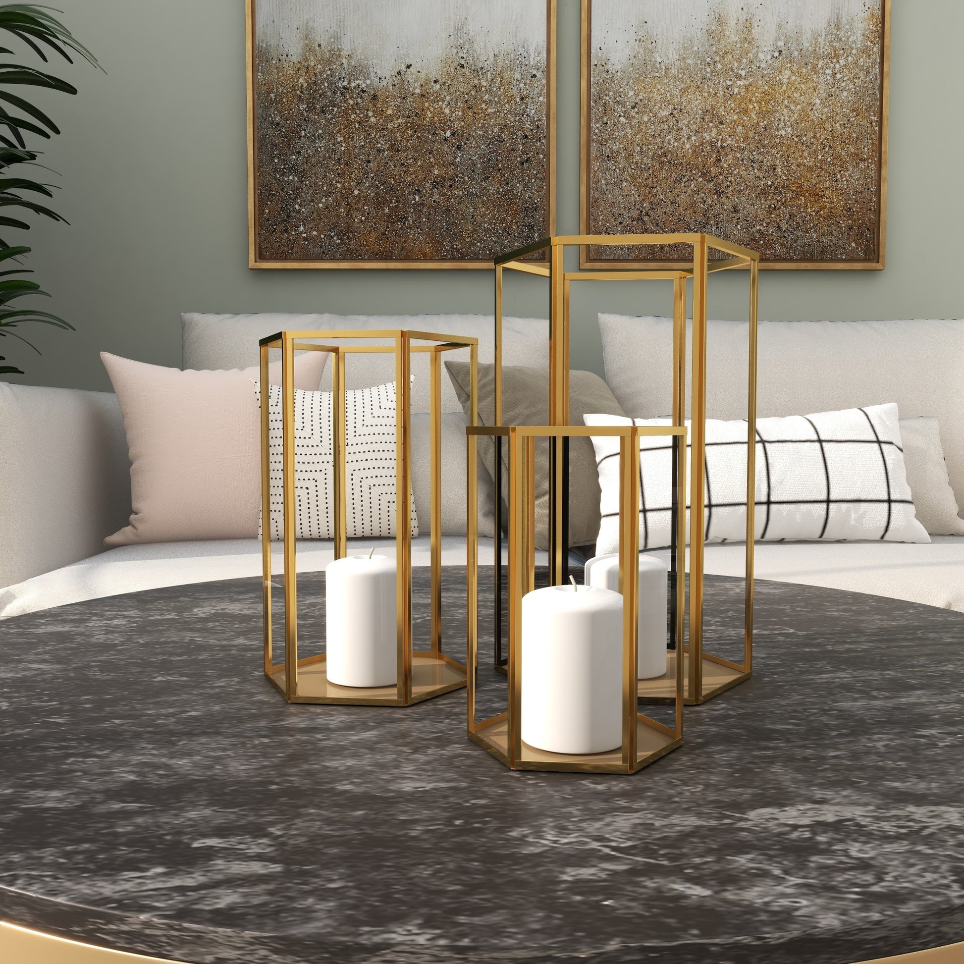 CosmoLiving by Cosmopolitan Set of 3 Gold Glass Decorative Indoor Outdoor Candle Lantern with Metal Plate