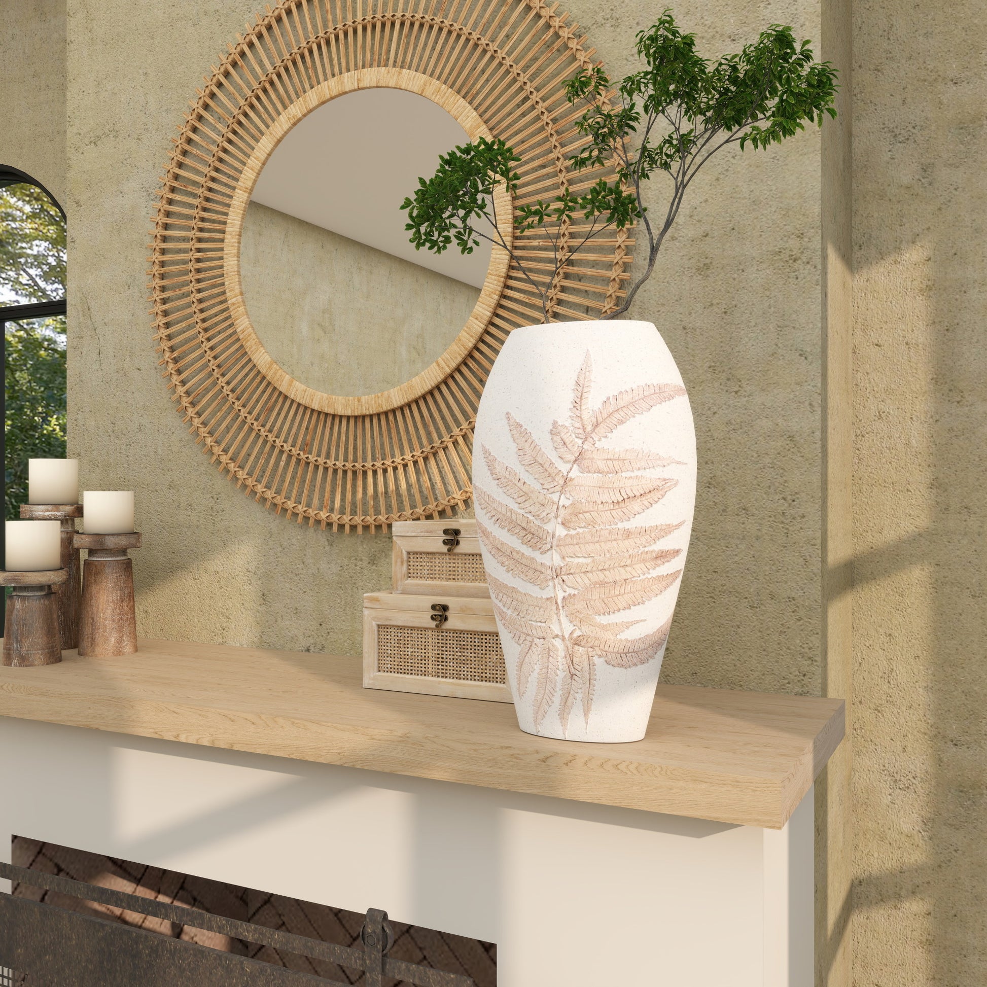 Leaf White Polystone Decorative Vase with Brown Dimensional Leaves