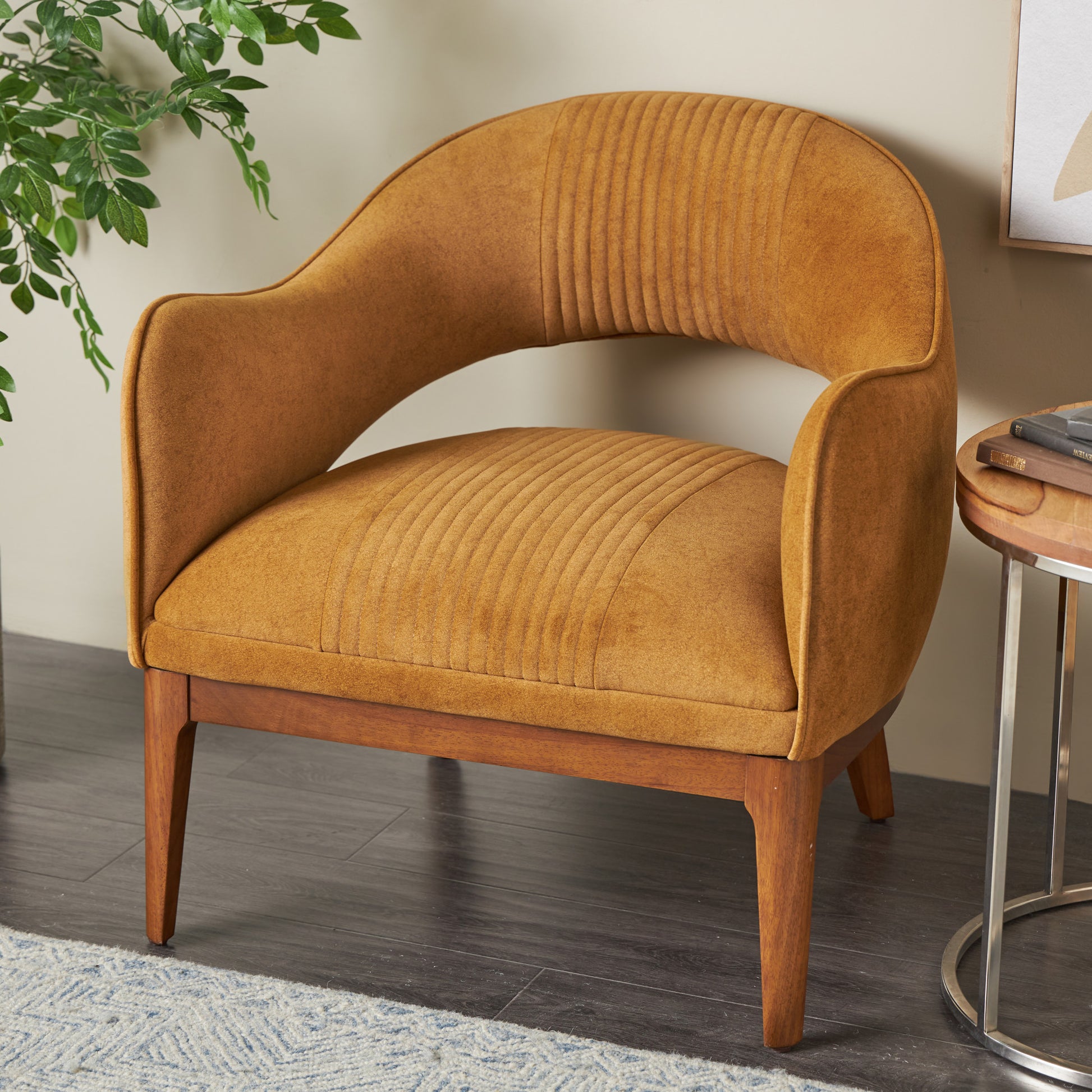 Brown Polyester Curved Back Living Room Accent Chair with Wooden Frame