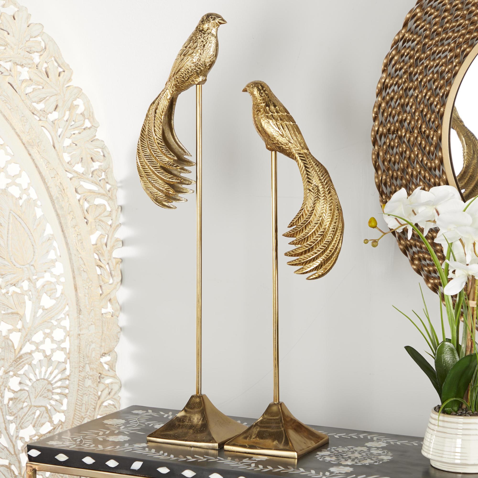 Set of 2 Bird Gold Aluminum Metal Decorative Sculpture
