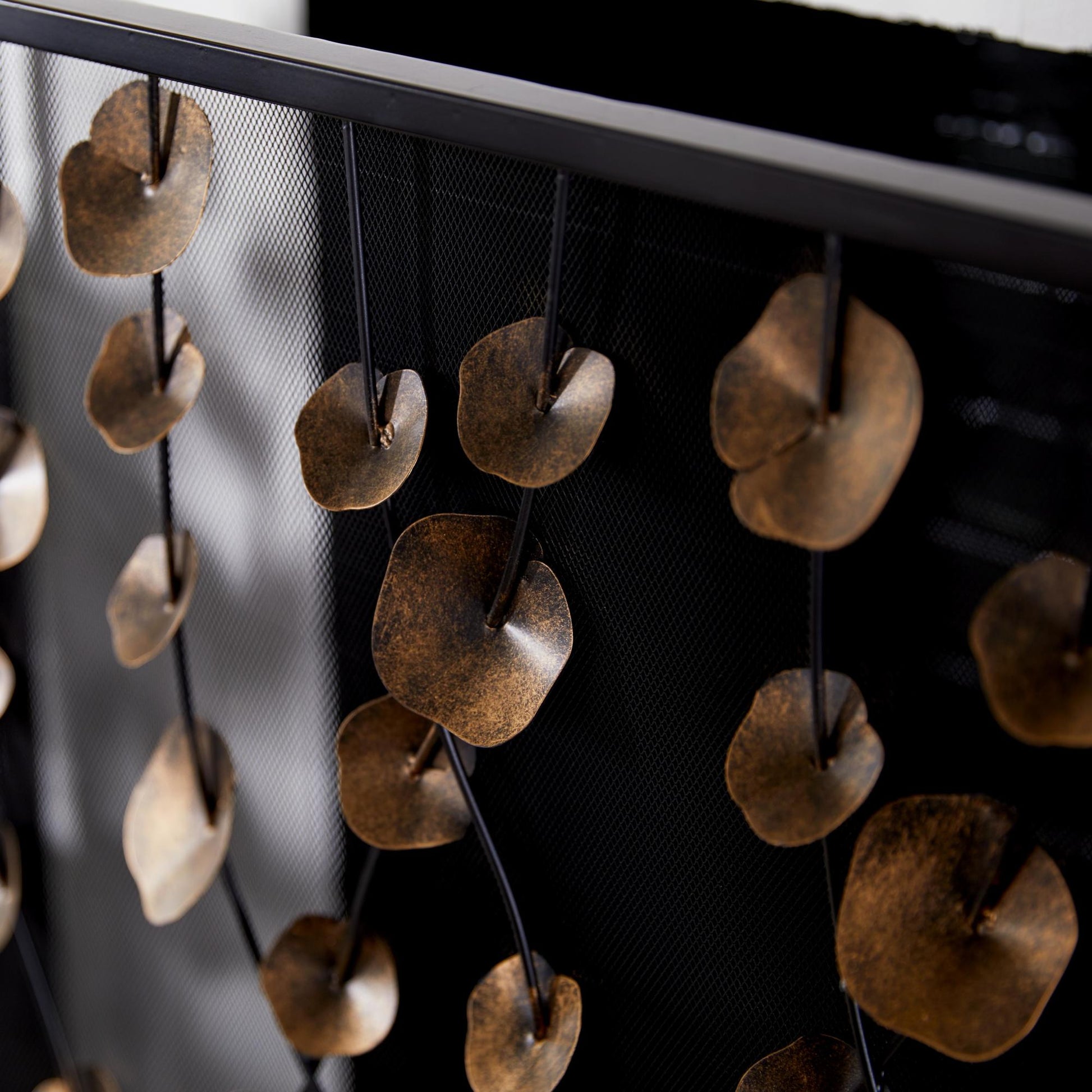 Floral Gold Metal Foldable Mesh Netting 3 Panel Living Room Fireplace Screen with 3D Floral on Vines