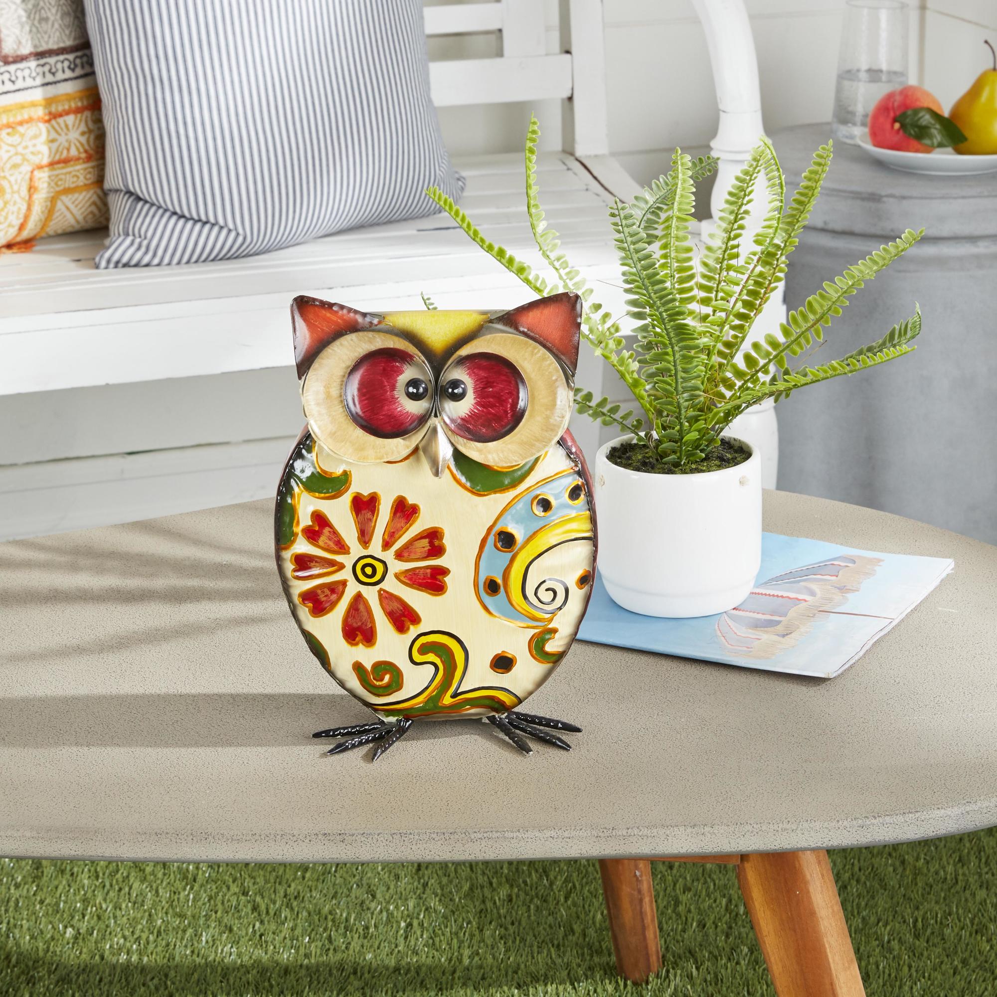 Owl Yellow Metal Indoor Outdoor Decorative Garden Sculpture with Floral Pattern