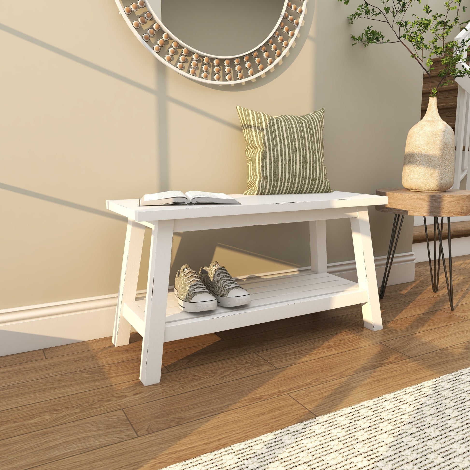 White Wood Home Bench with Slatted Wood Base