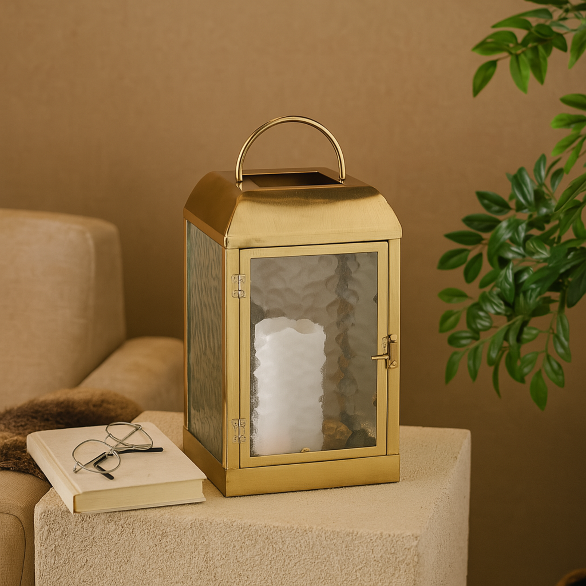 Gold Metal Indoor Outdoor Candle Lantern with Pebbled Glass