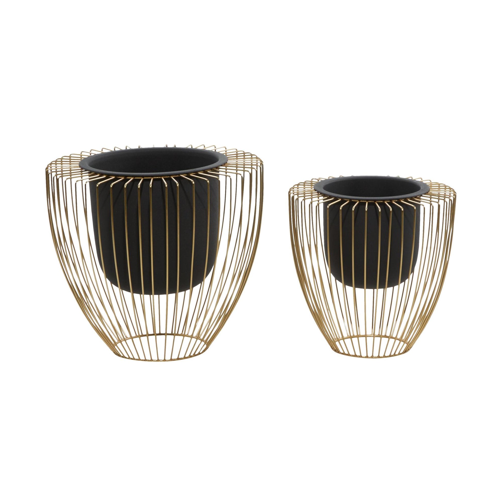 Set of 2 Black Metal Indoor Outdoor Planter with Removable Gold Wire Stand