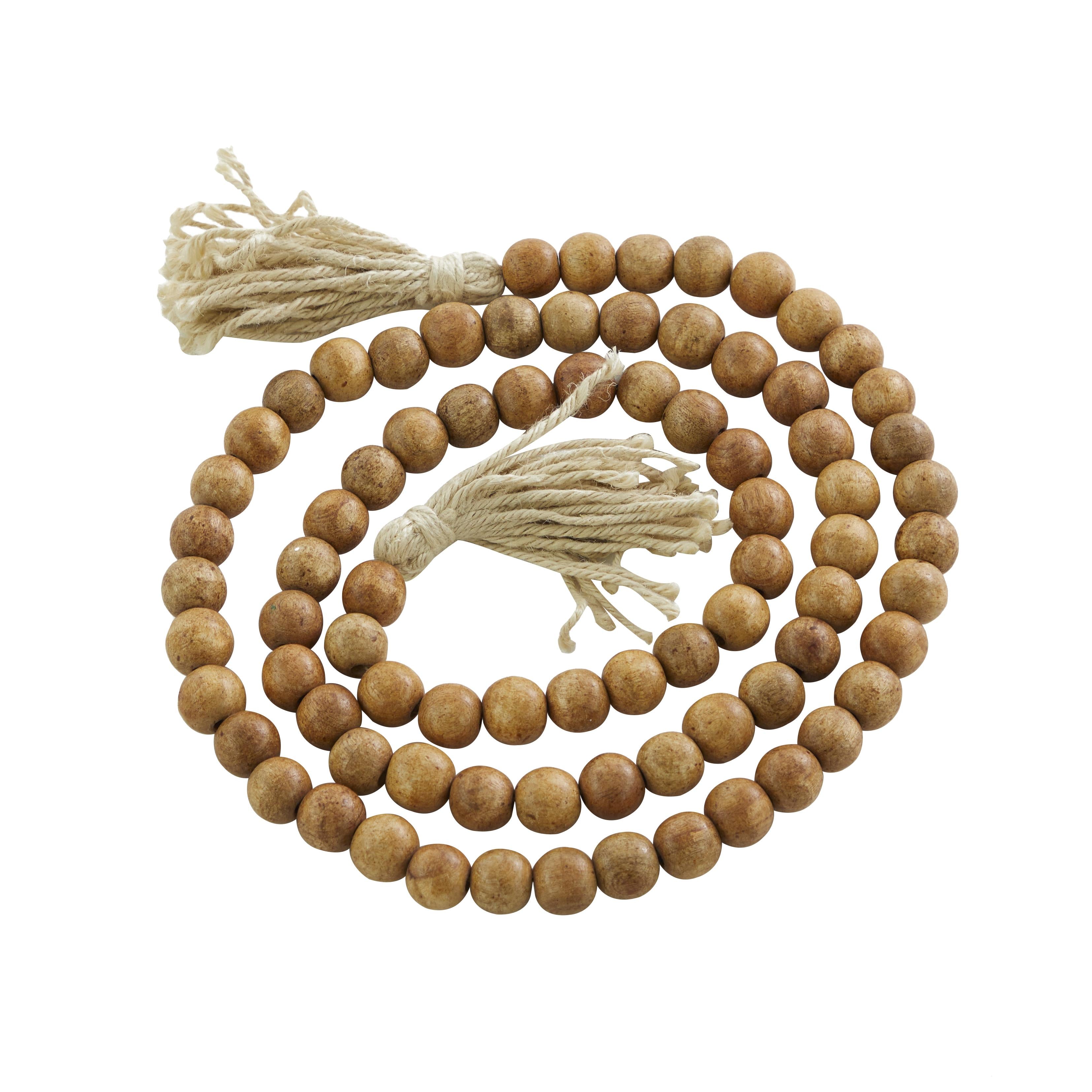 Mango Wood Handmade Round Long Carved Beaded Garland with Tassel