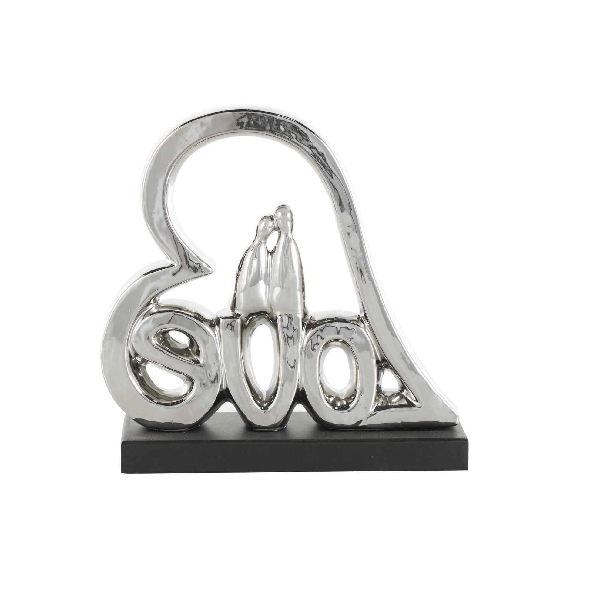 Heart Silver Ceramic Family Love Decorative Sculpture with Black Base