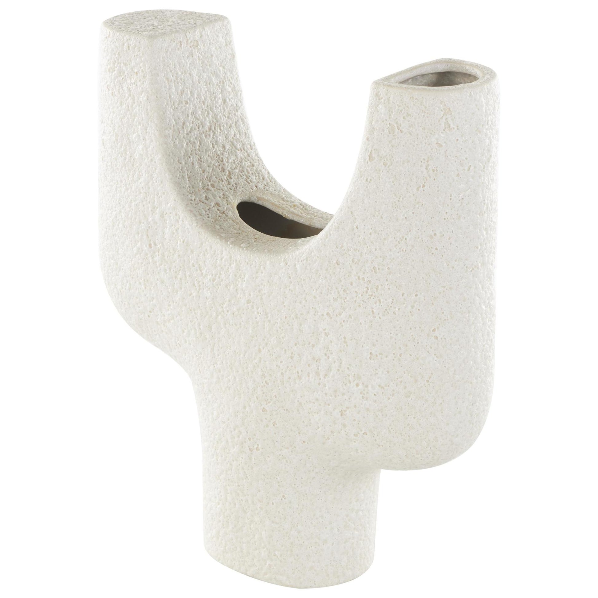 Abstract White Ceramic Curved Decorative Vase with Dual Openings and Speckled Texturing