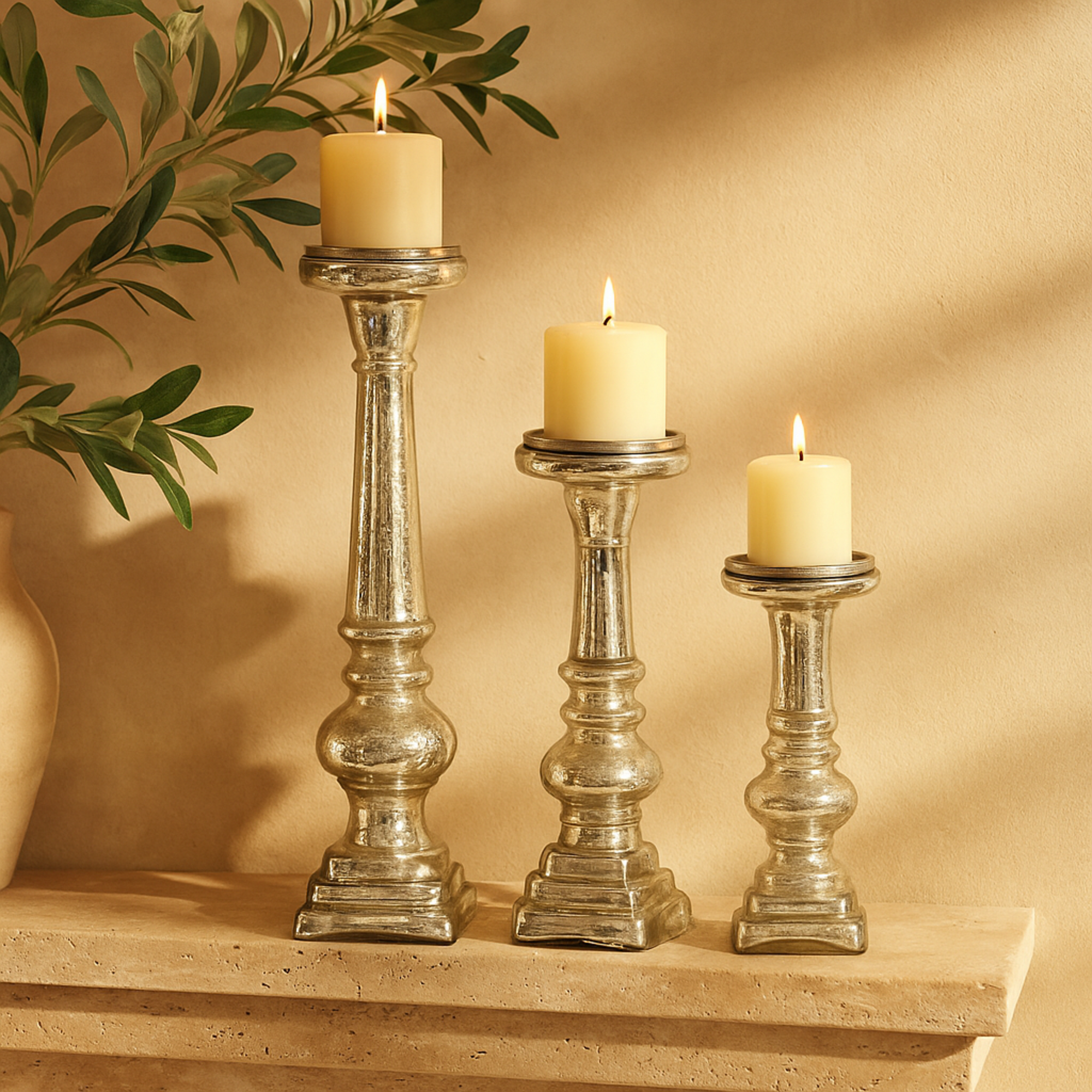 Set of 3 Silver Glass Handmade Turned Style Pillar Decorative Candle Holder