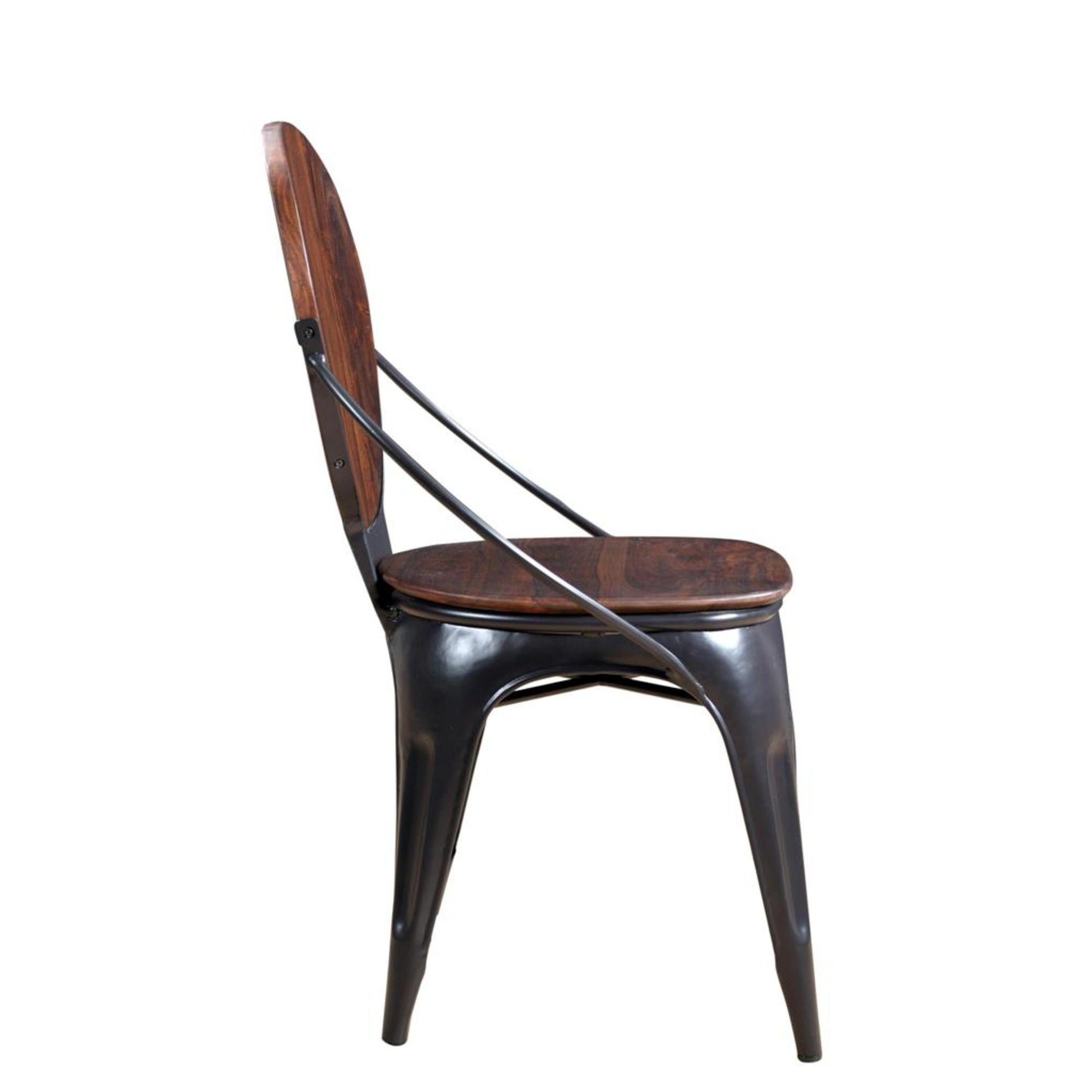 Set of 2 Brown Sheesham Wood Rounded Kitchen Dining Chair with Gunmetal Tapered Legs and Curved Support
