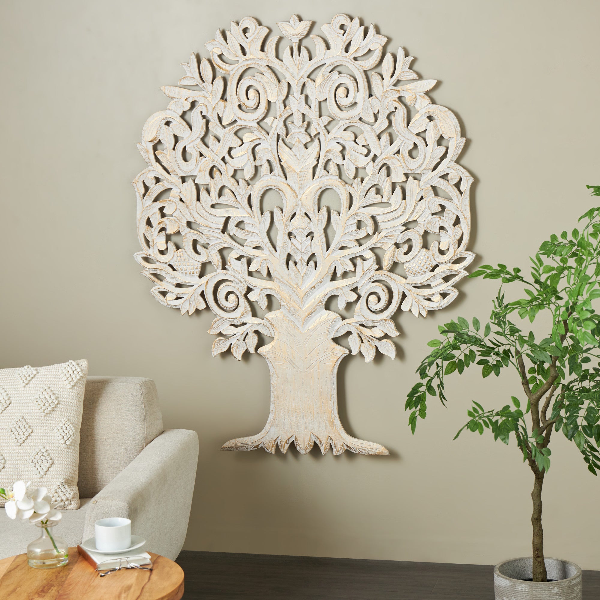 Tree Gold Wooden Handmade Carved Home Wall Decor with Scroll Details