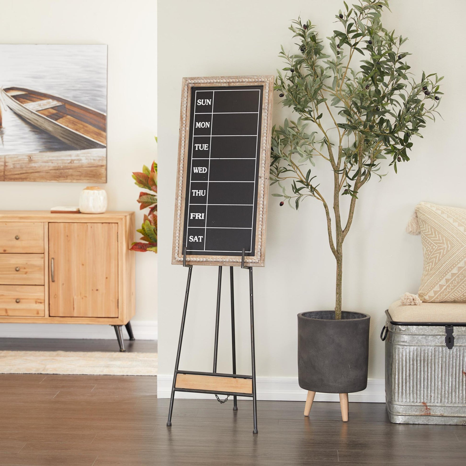 Black Metal Tall Adjustable 3 Tier Display Easel with Chain Support and Wood Accents