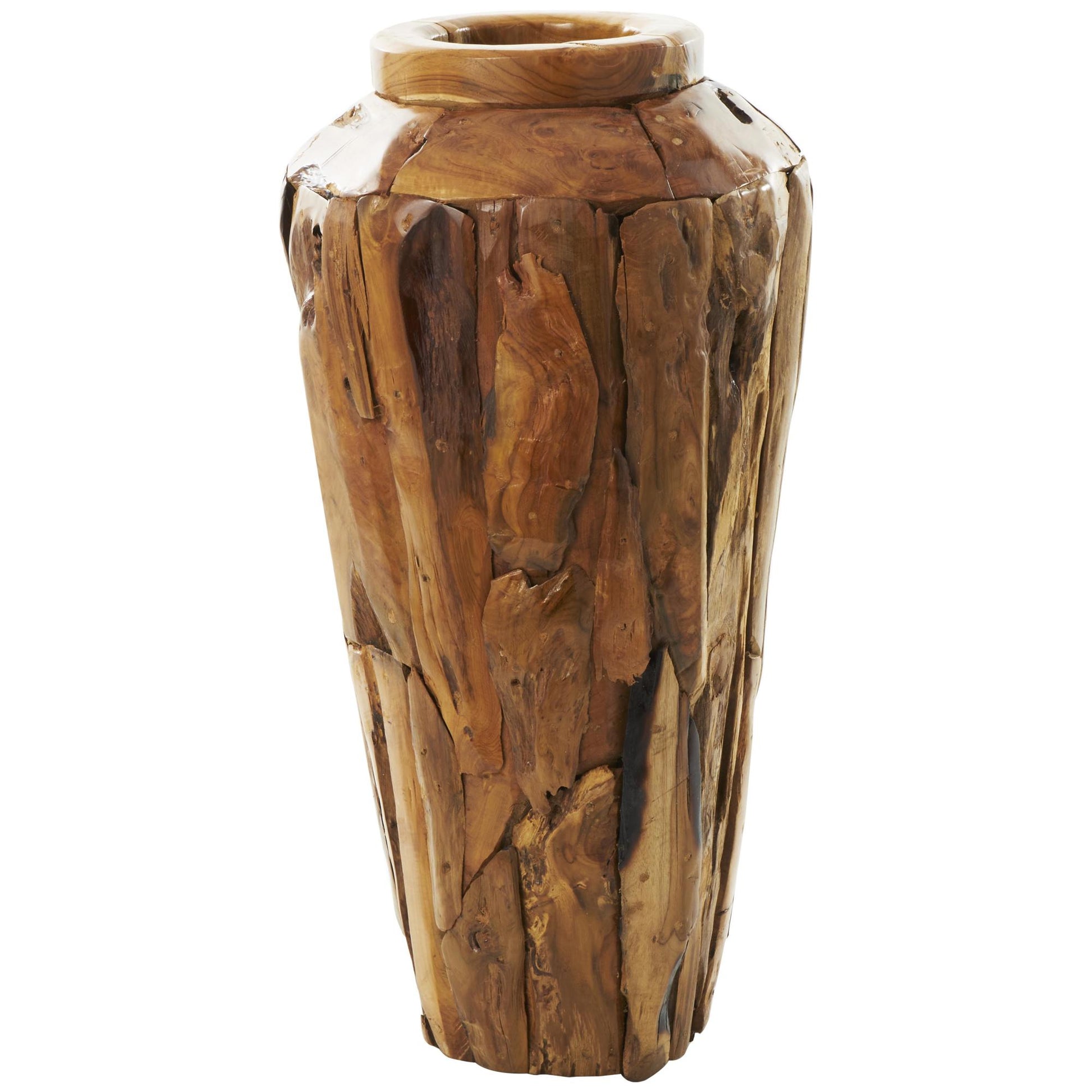 Brown Teak Wood Handmade Tall Floor Decorative Vase with Mosaic Live Edge Pieces