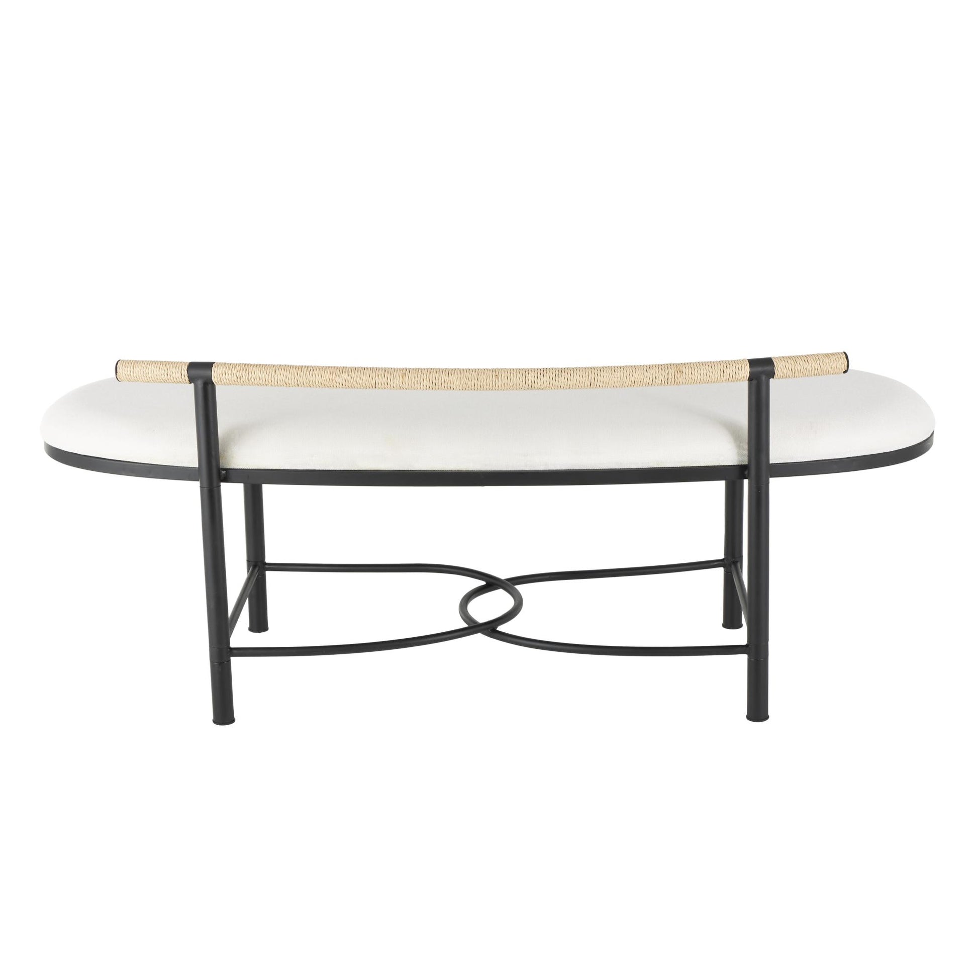 Abstract White Fabric Upholstered Oval Home Bench with Black Metal Frame and Rope Rod Backrest