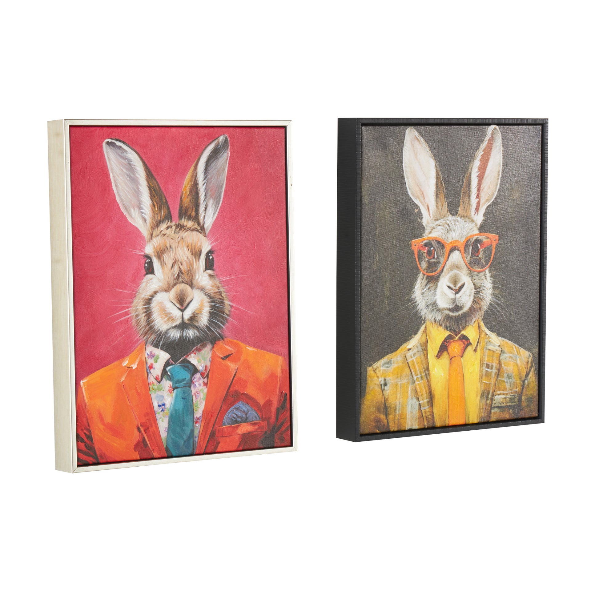 Set of 2 Rabbit Multi Colored Canvas Business Living Room Framed Wall Art with Glasses and Handkerchief