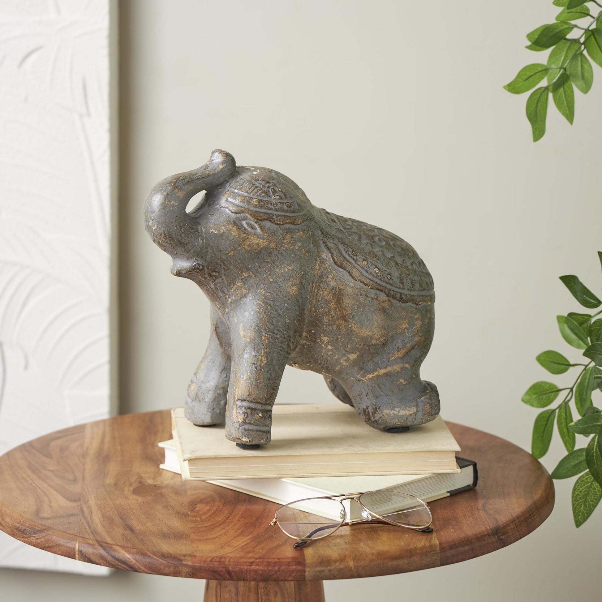 Elephant Dark Gray Paper Mache Handmade Distressed Carved Decorative Sculpture with Wood Inspired Accents