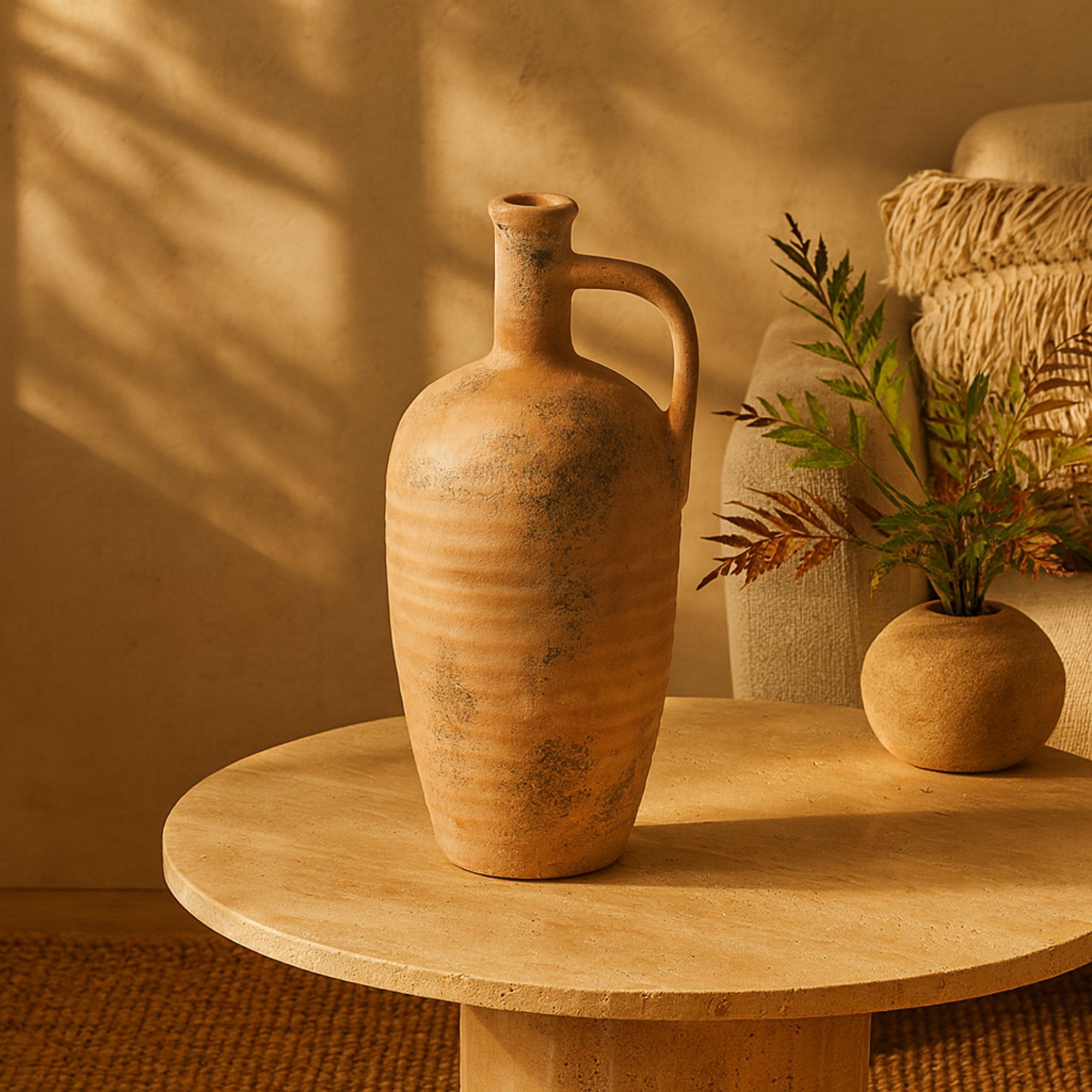 Beige Ceramic Antique Style Distressed Decorative Vase with Handle