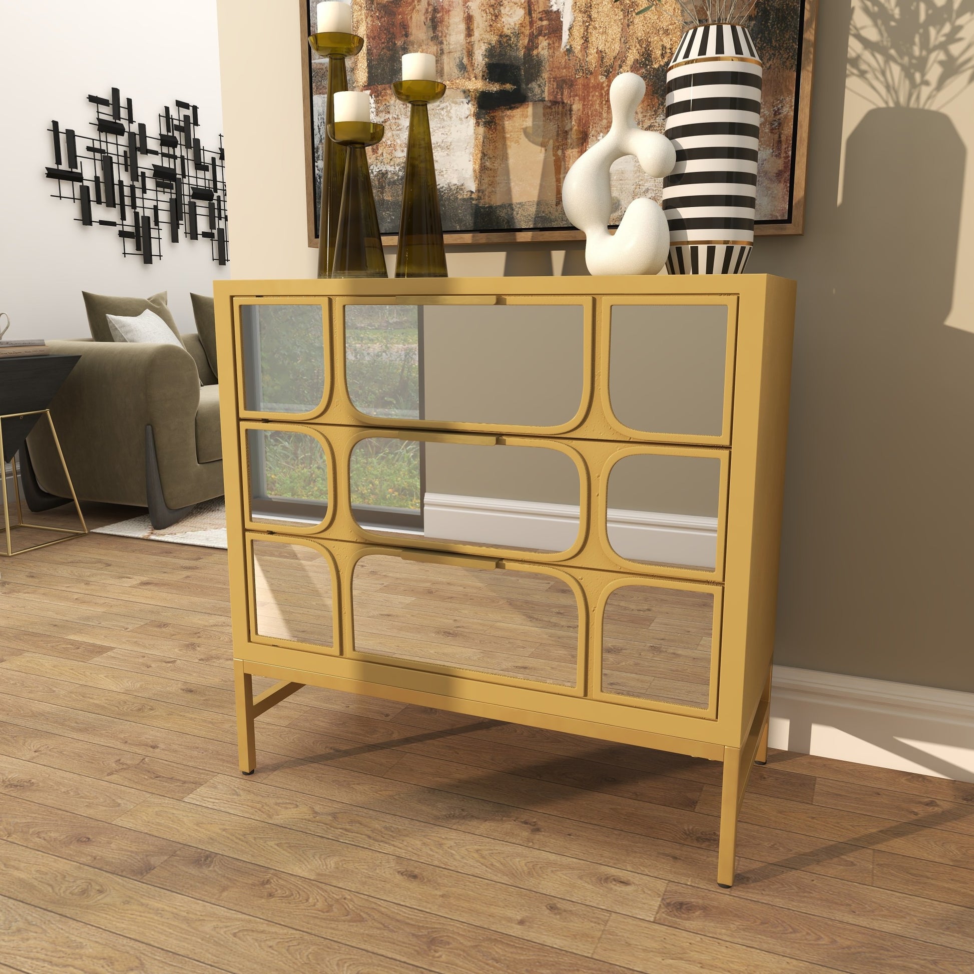 Wooden 3 Drawer Room Cabinet with Mirrored Front