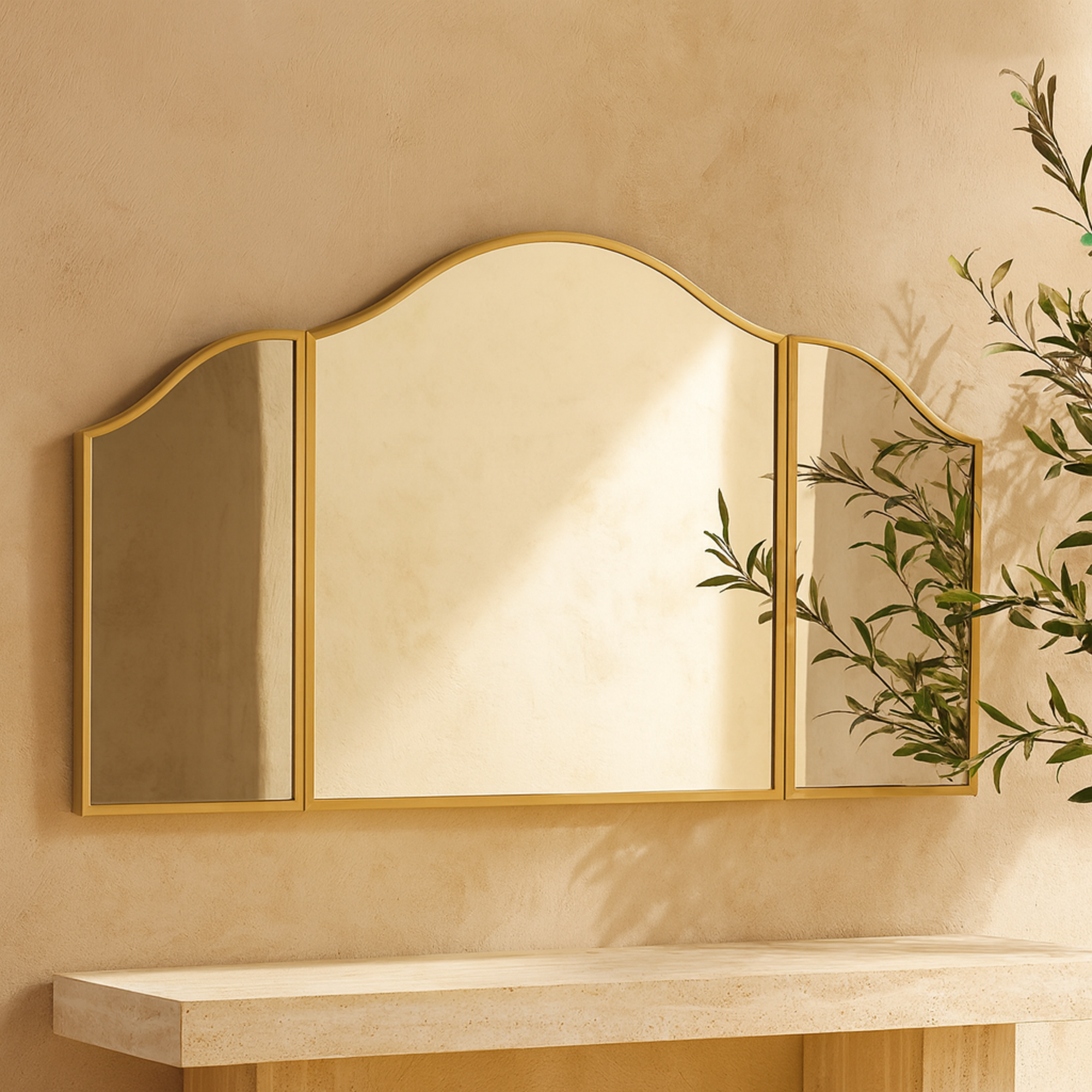 Gold Metal Arched Room Wall Mirror with Folding Sides